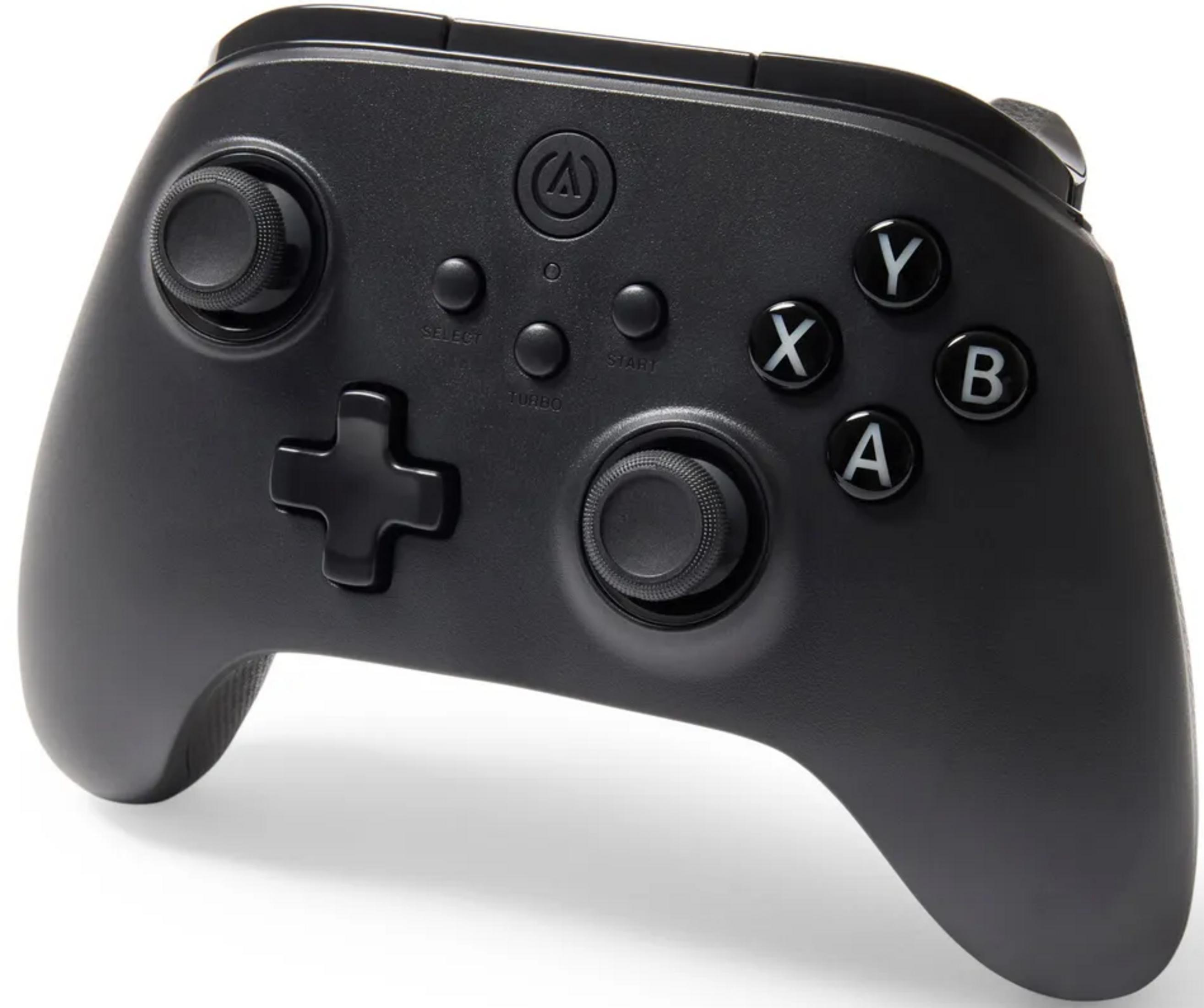 Ein schwarzer Gaming-Controller mit zwei Joysticks und Knöpfen.