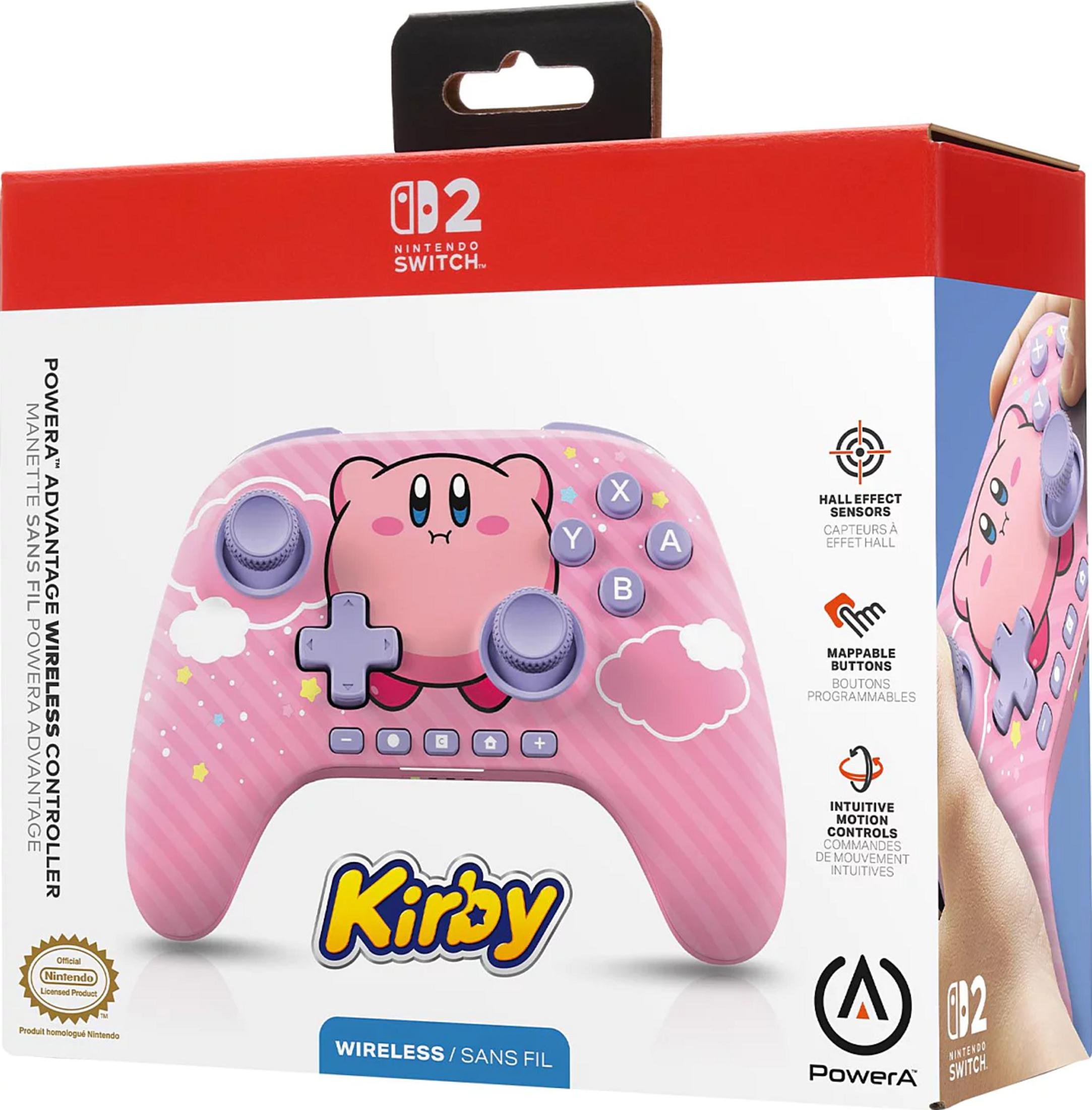 Różowe pudełko kontrolera Nintendo Switch z grafiką Kirby i cechami technicznymi.
