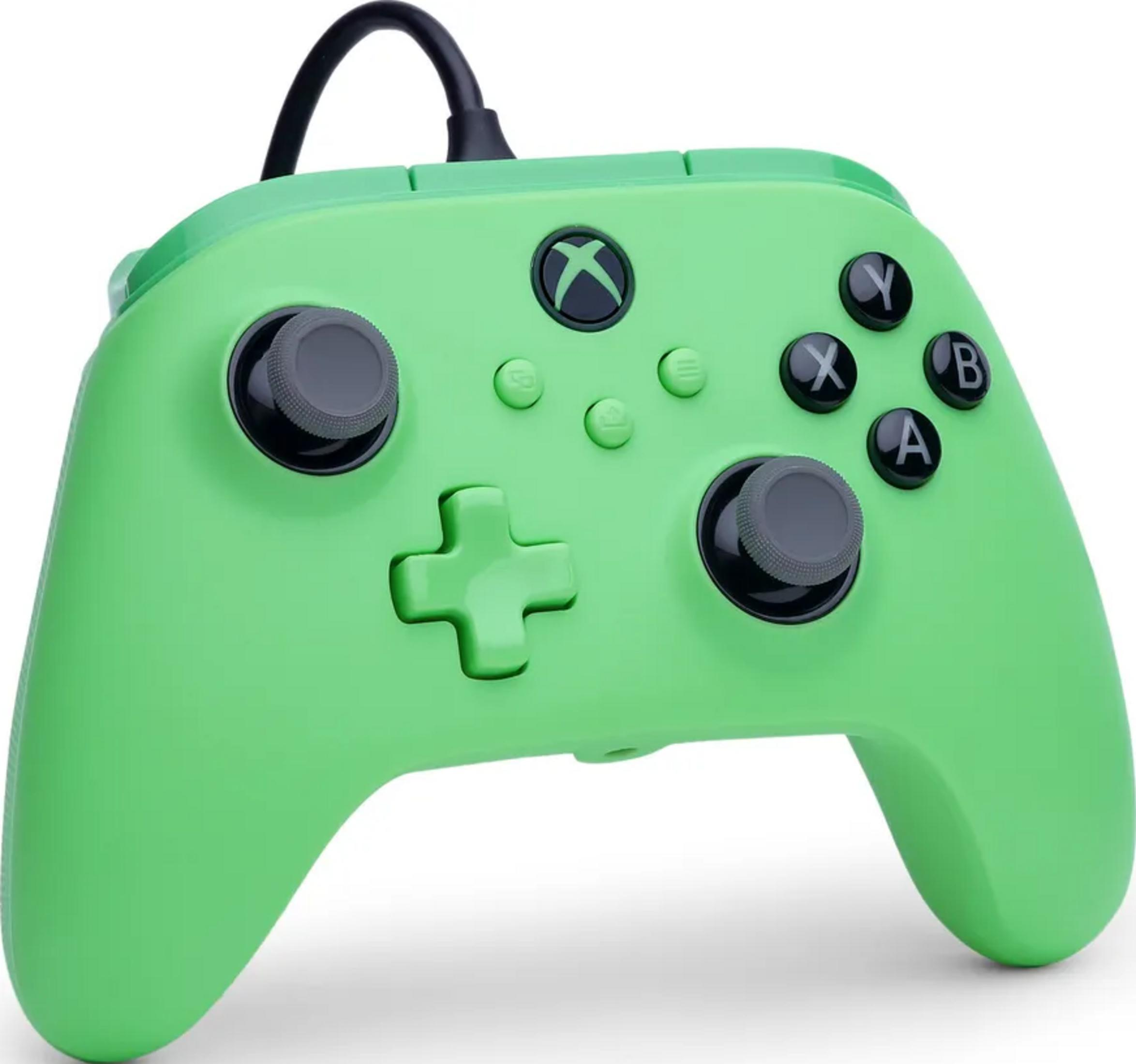Un controller Xbox verde brillante con pulsanti e joystick neri.