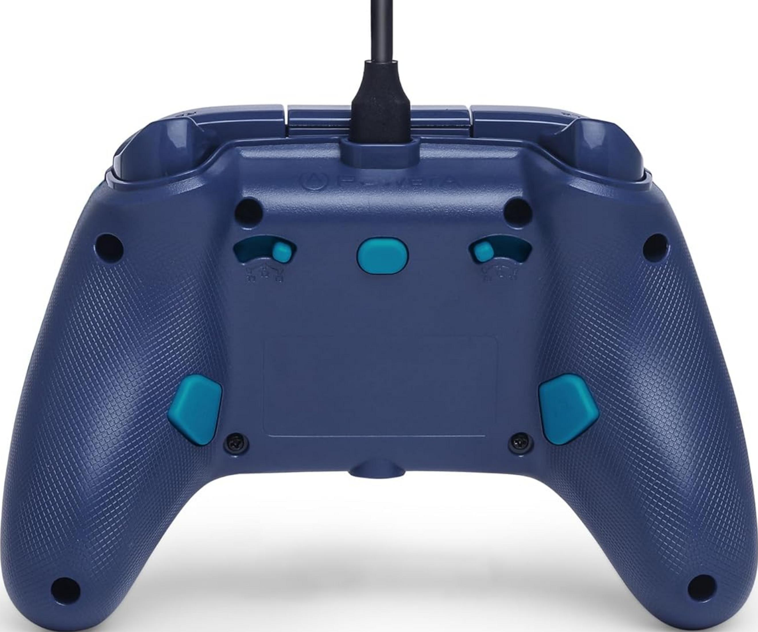 Retro blu scuro di un controller con pulsanti verde acqua e un cavo.