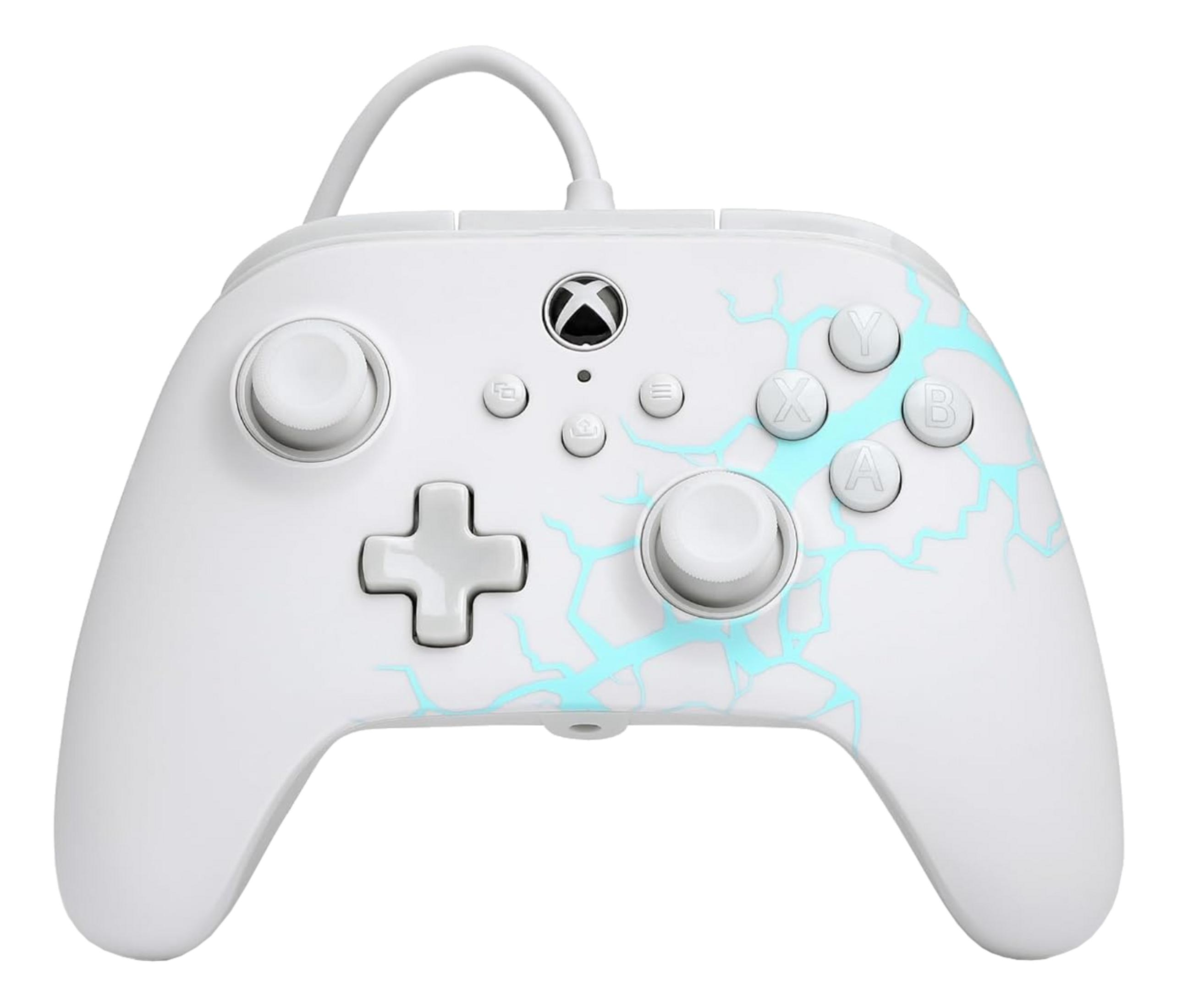 Controller Xbox bianco con motivo a fulmine blu e cavo.