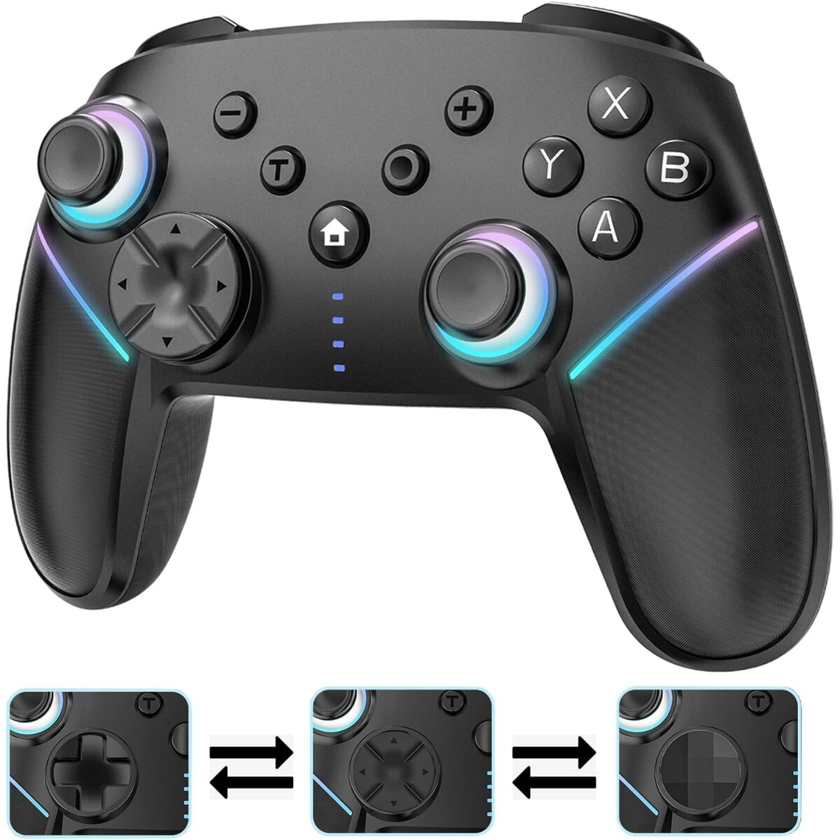 Schwarzer Gamecontroller mit leuchtenden Akzenten und verschiedenen Tasten.