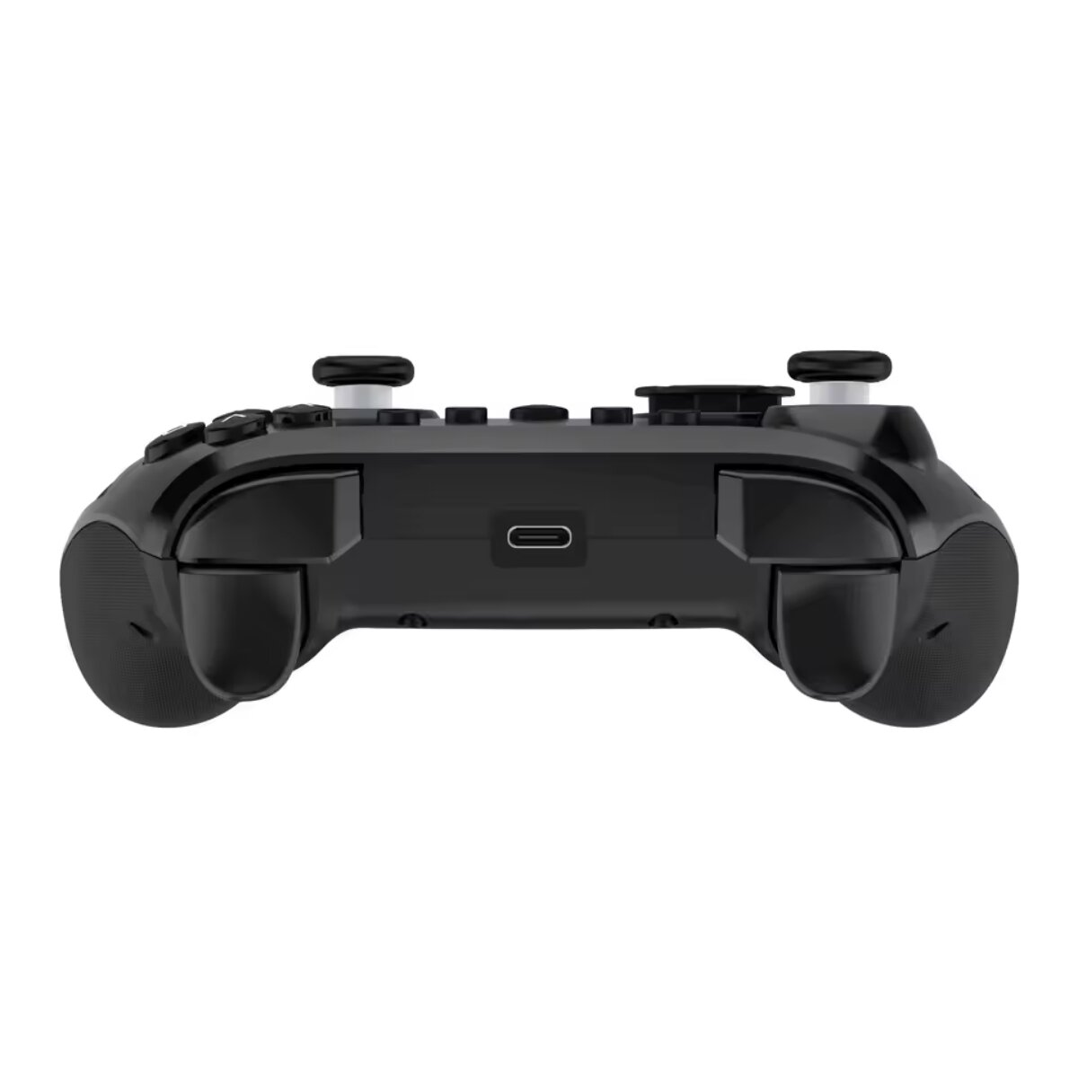 Schwarzer Controller mit zwei Joysticks, Tasten und USB-C-Anschluss.