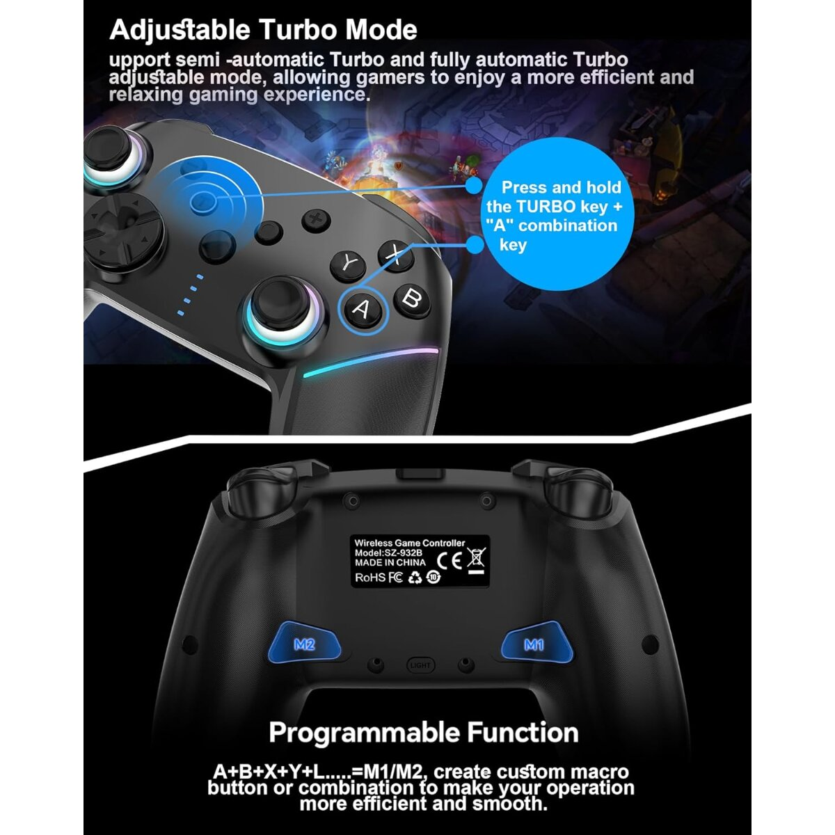 Schwarzer Gamecontroller mit Knöpfen, Joysticks und Text.