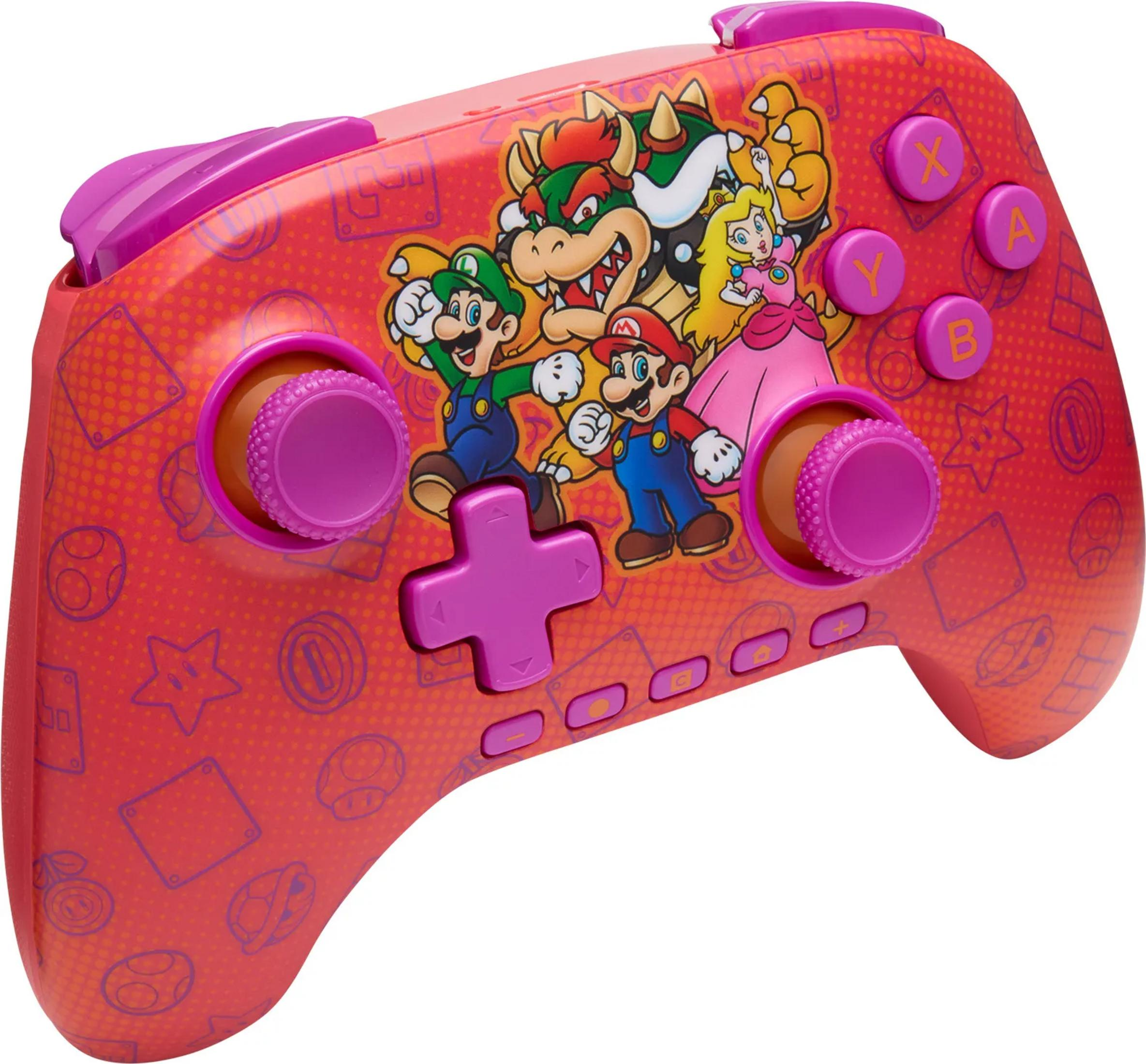 Un controller rosso con i personaggi di Super Mario: Mario, Luigi, Bowser e Peach.