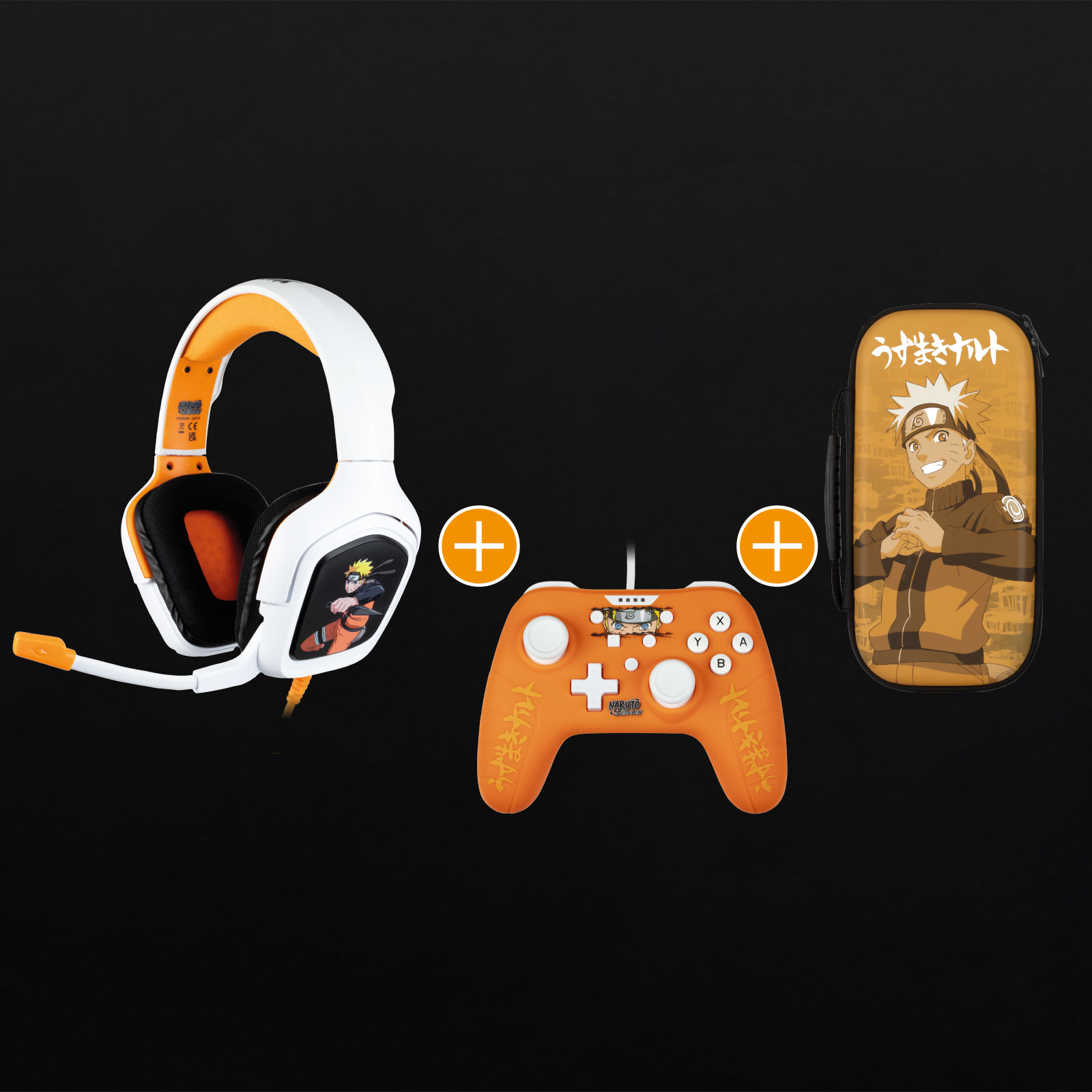 Naruto-Gaming-Headset, Controller und Tasche auf schwarzem Hintergrund.