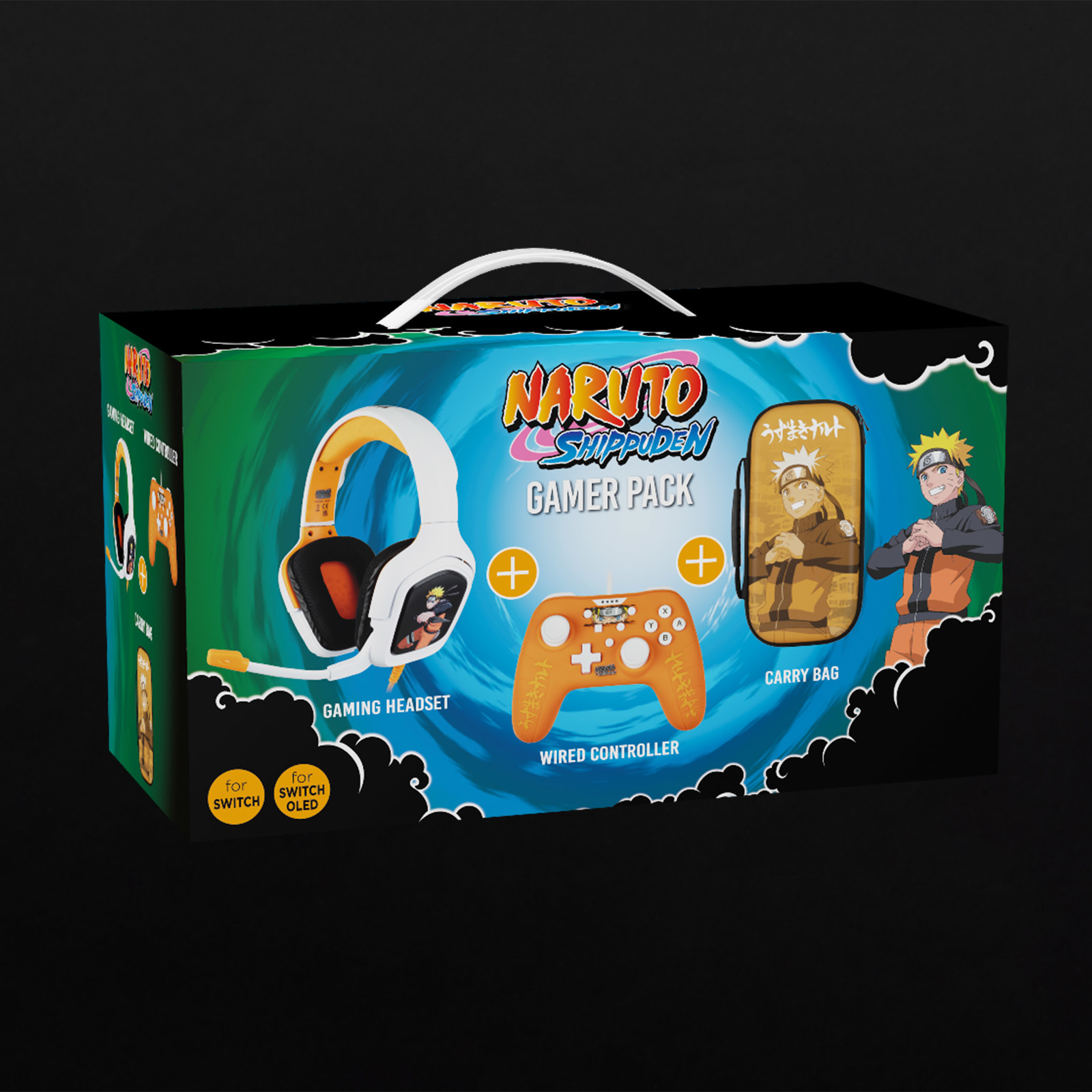 Naruto Shippuden Gamer Pack mit Headset, Controller und Tasche auf schwarzem Hintergrund.