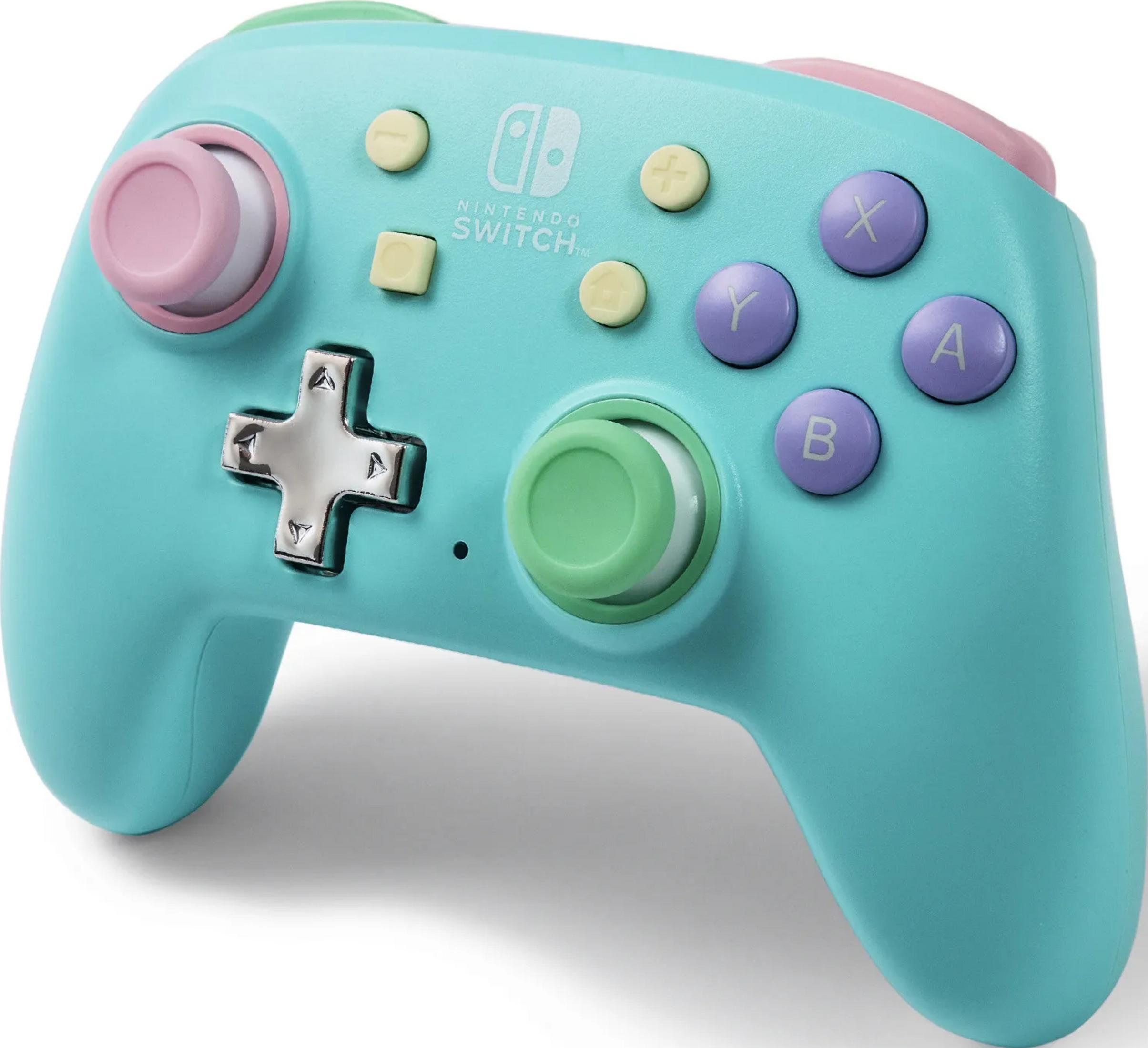 Une manette Nintendo Switch turquoise avec des boutons et joysticks pastel.