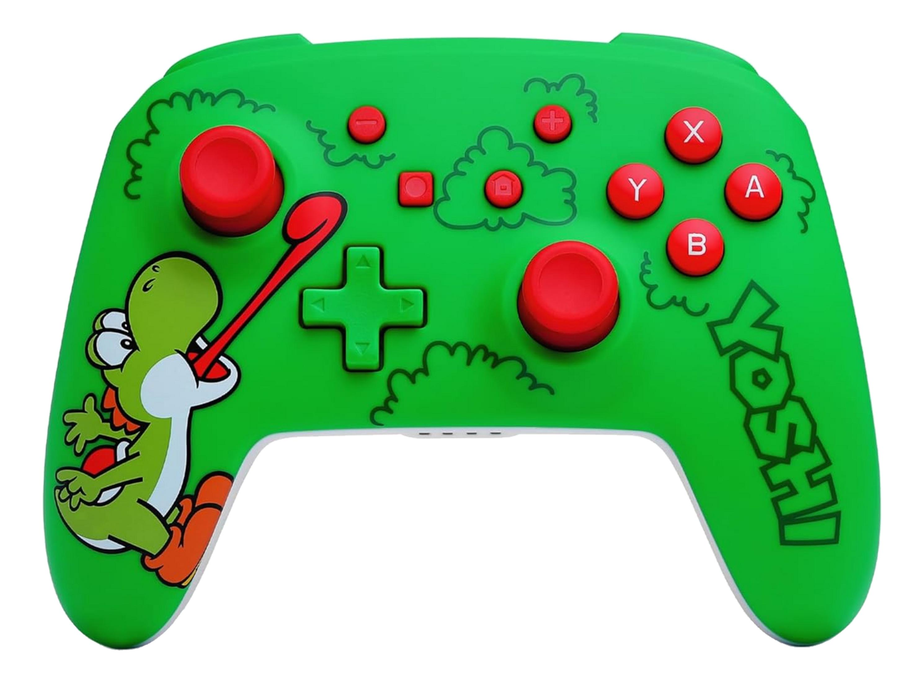 Controller Nintendo verde con Yoshi e pulsanti rossi.