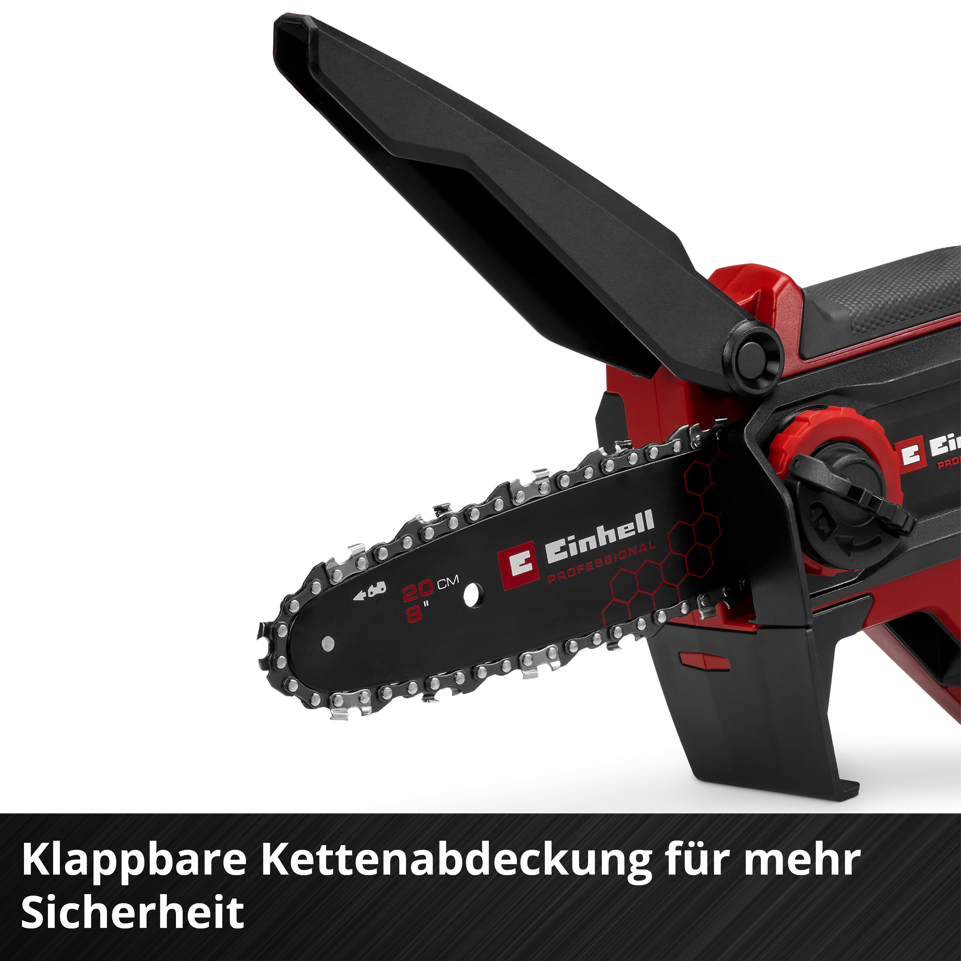 Eine rote und schwarze Kettensäge mit 20 cm Schwert, Nahaufnahme.