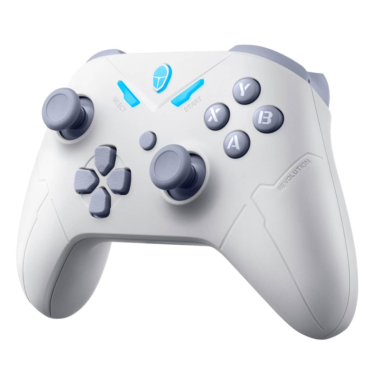 Gri joystickli ve düğmeli beyaz oyun kumandası.
