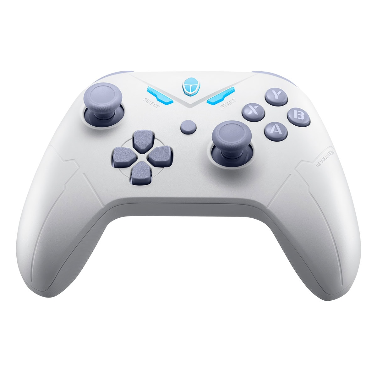 Gri joystick ve düğmelere sahip beyaz oyun kumandası.