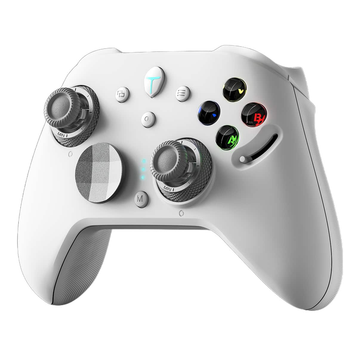 Arkadan aydınlatmalı düğmelere ve dokulu joysticklere sahip beyaz oyun kumandası.