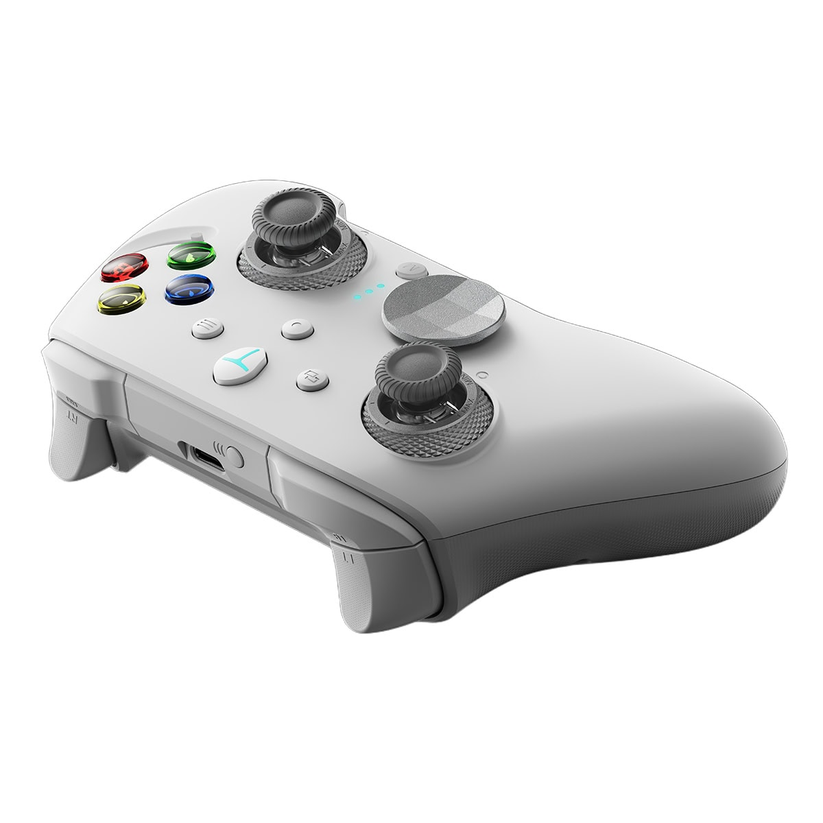 İki joystickli ve renkli düğmeli beyaz oyun kumandası.