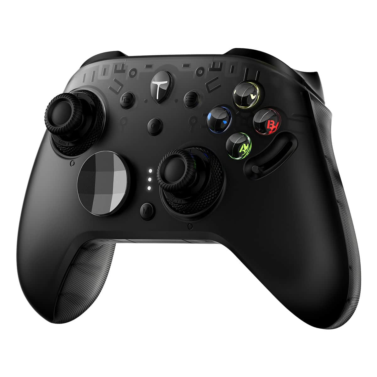 İki joystick, düğme ve aydınlatmalı yüz düğmeli siyah oyun kumandası.