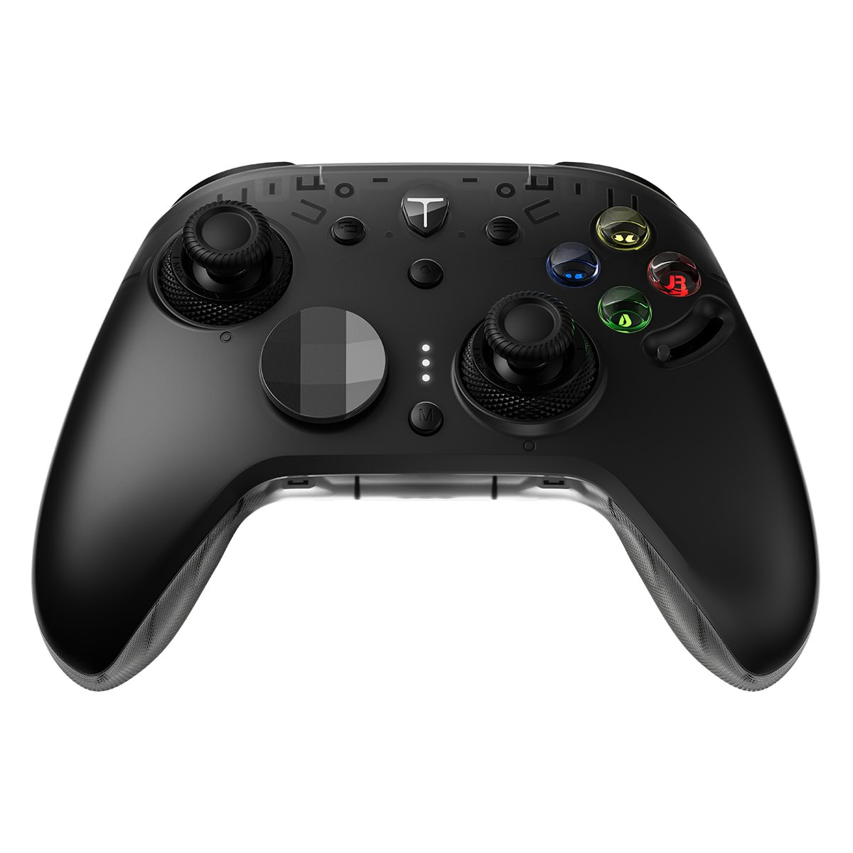 İki joystick, düğme ve aydınlatmalı sembollere sahip siyah oyun kumandası.