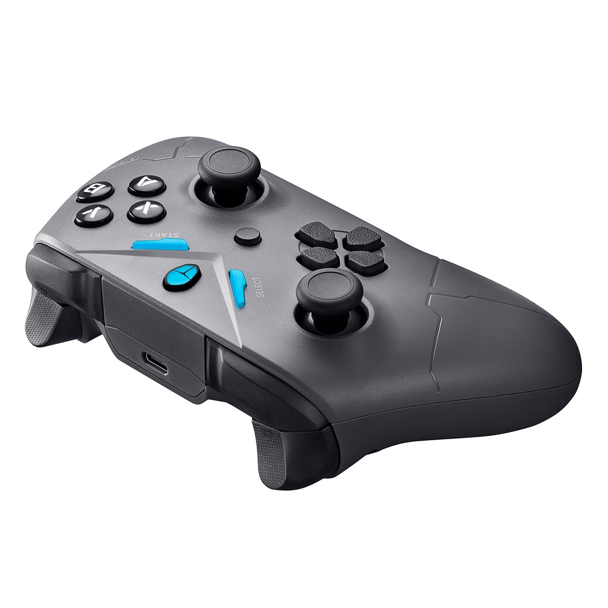 Mavi vurgulara ve joysticklere sahip gri oyun kumandası.