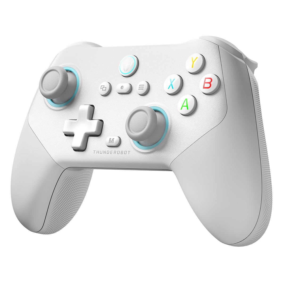 Gri düğmeler ve mavi vurgulara sahip beyaz oyun kumandası. Joystick ve D-pad bulunur.