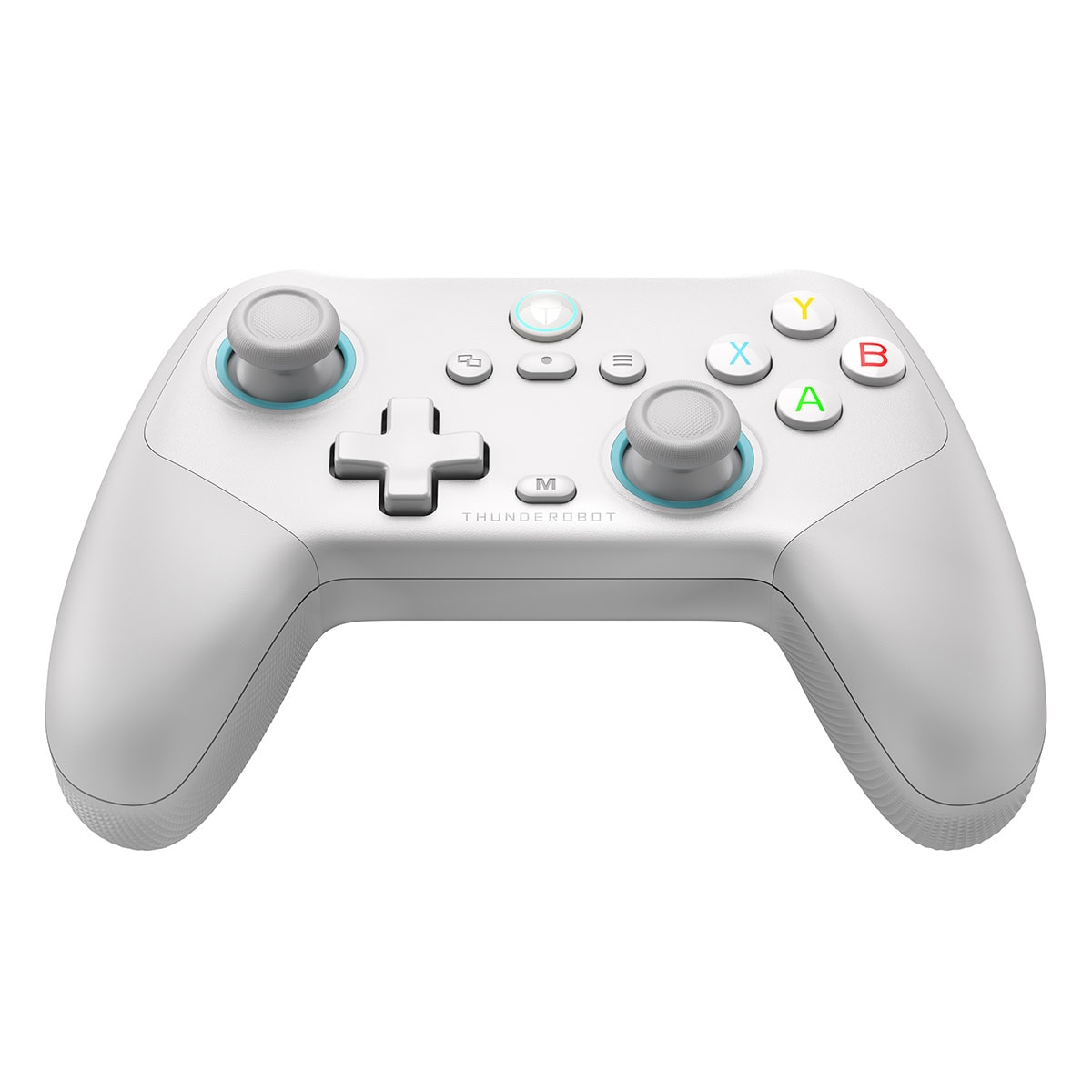 İki joystick, D-pad ve renkli düğmelere sahip beyaz oyun kumandası.