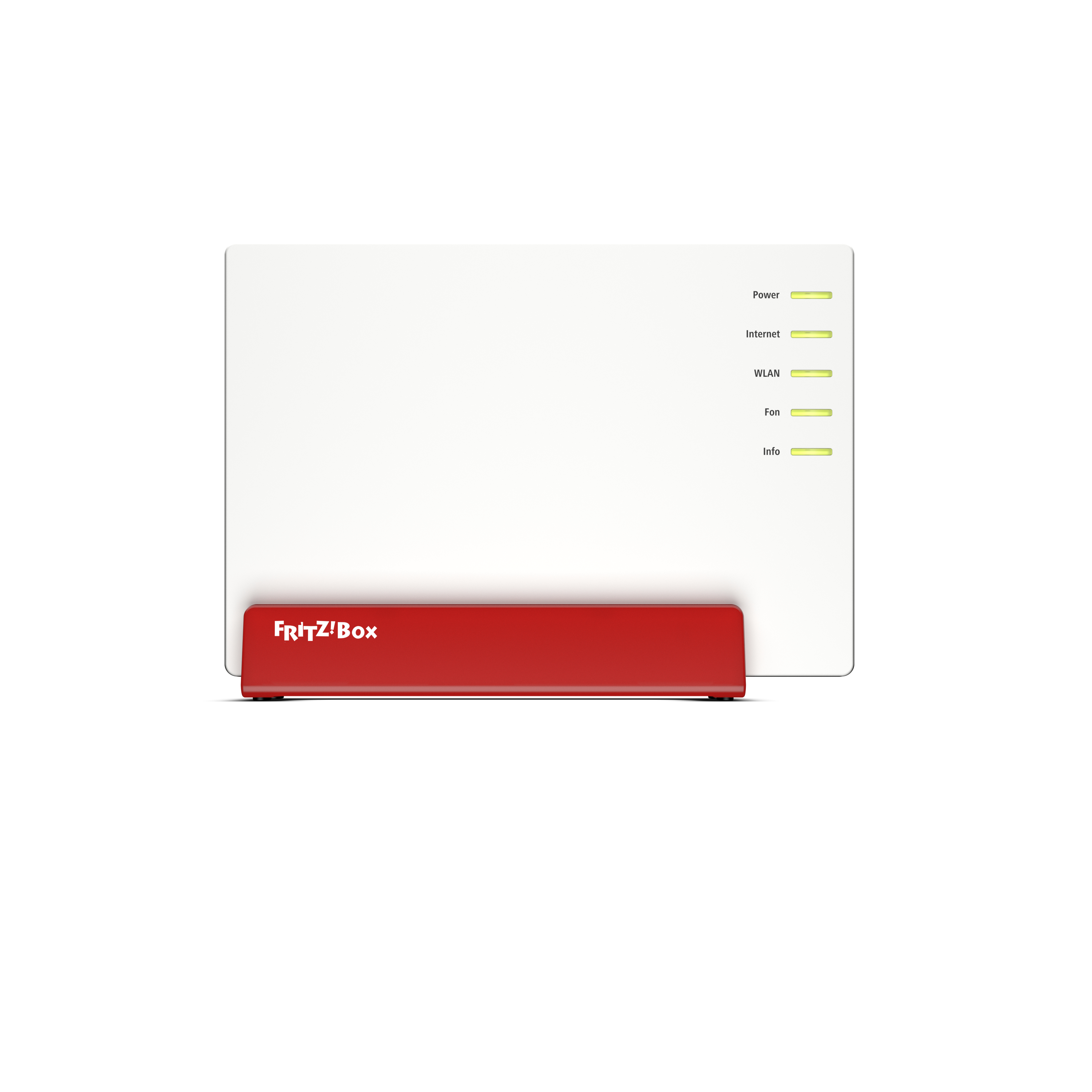 Un router bianco con base rossa. LED indicano Power, Internet, WLAN, Fon e Info.
