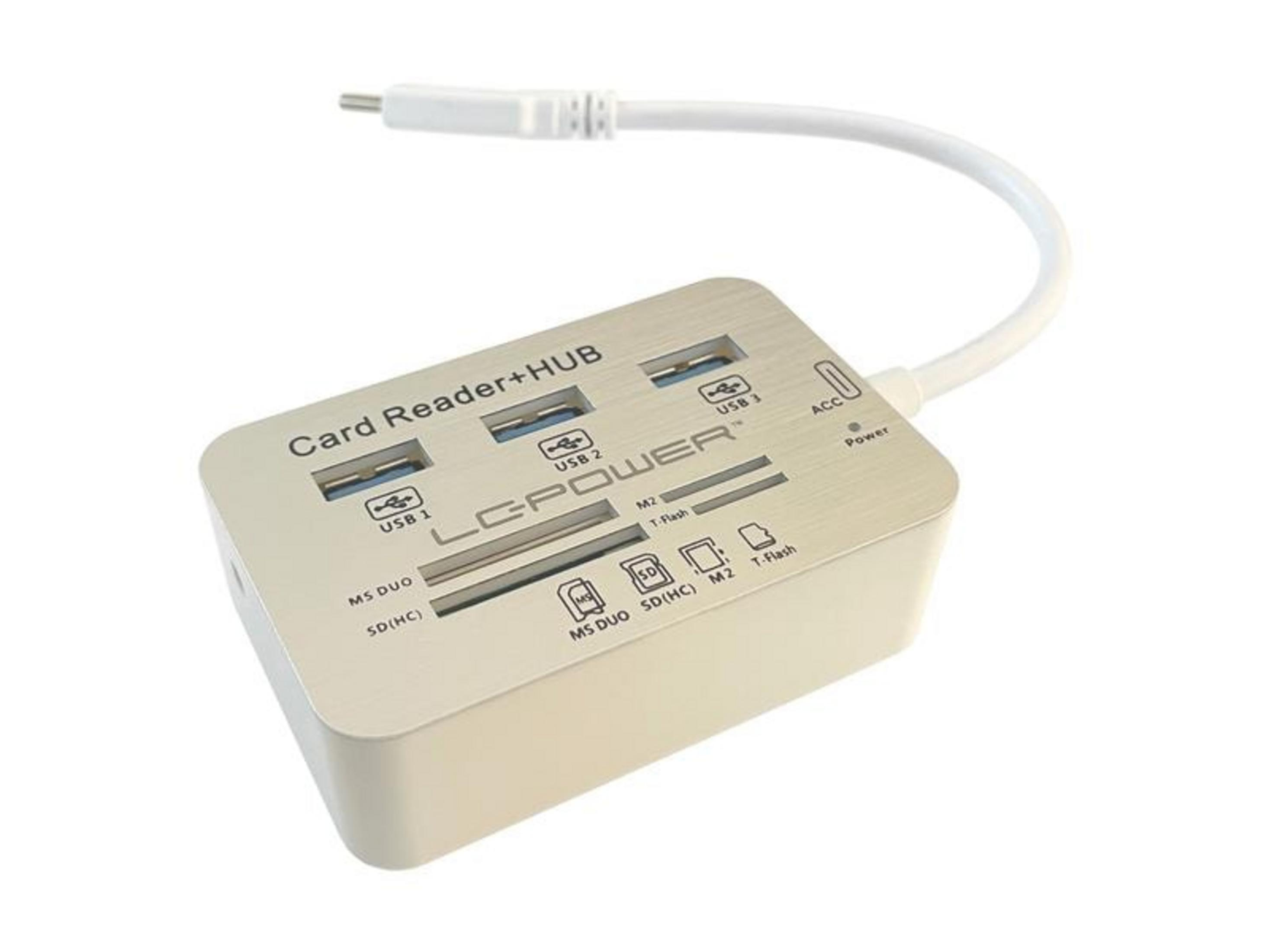 Un lettore di schede argento con tre porte USB e slot multipli.