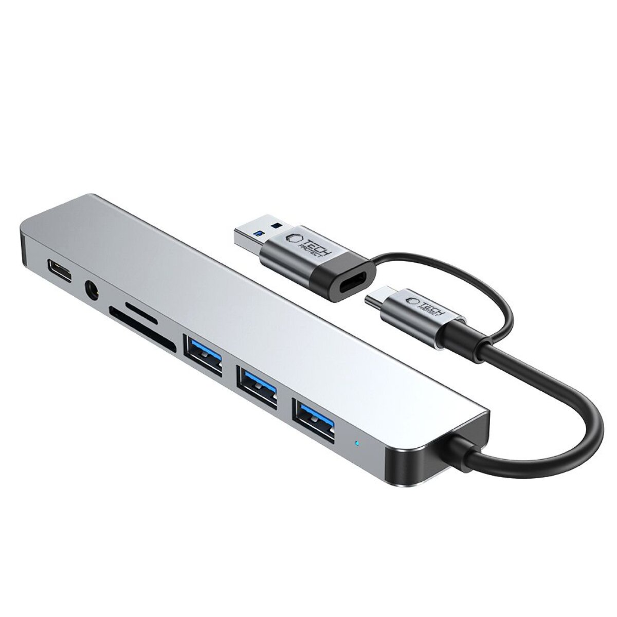 Hub USB-C argentato con più porte, HDMI, slot per schede SD e porte USB 3.0.