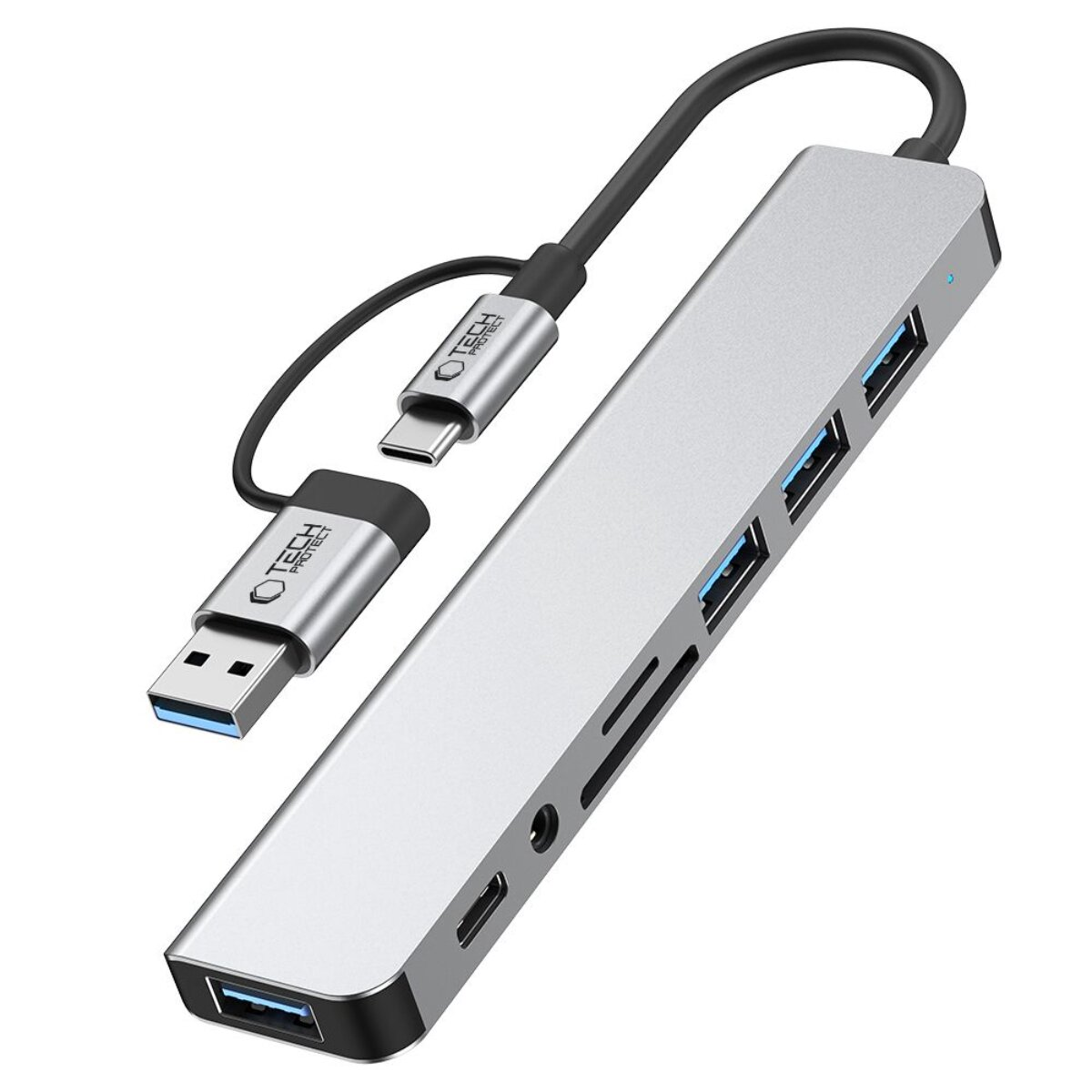 Hub USB-C argento con più porte, inclusi slot USB-A e schede SD.
