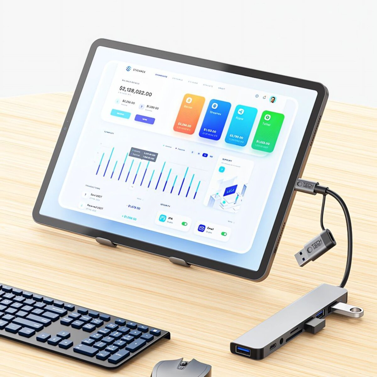 Un tablet con interfaccia utente, tastiera, mouse e hub USB su una scrivania di legno.