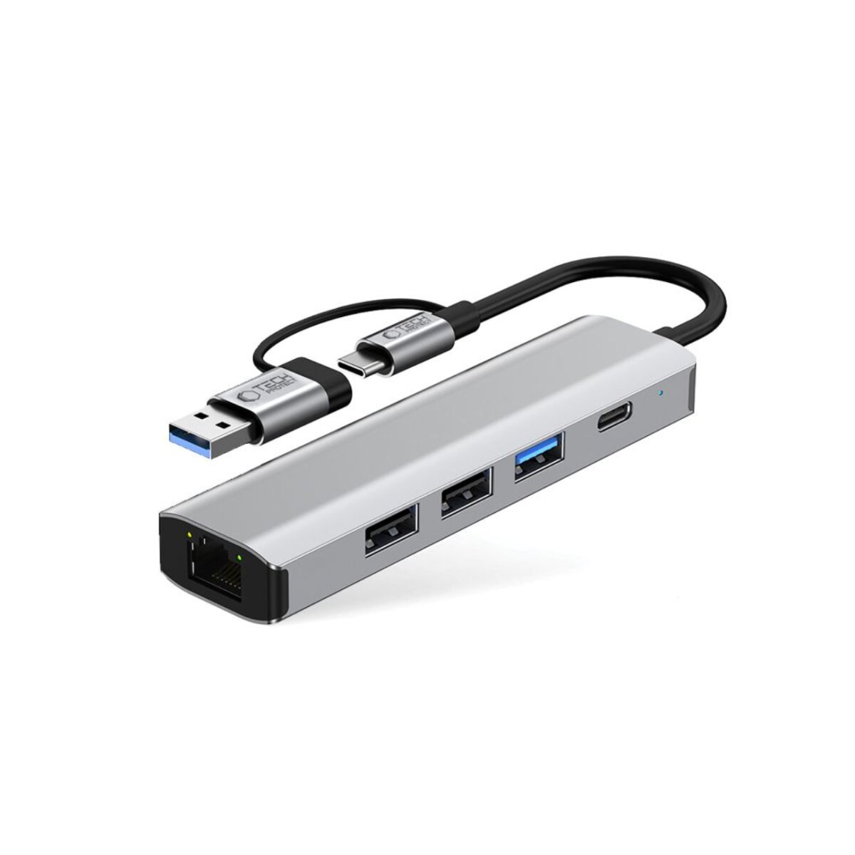 Hub USB-C argento con porte Ethernet, USB-A e USB-C.