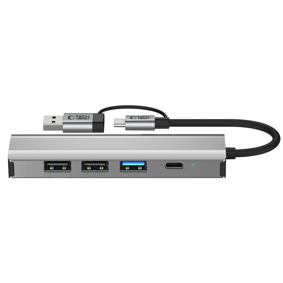 Hub USB-C argento con tre porte USB-A e una porta USB-C.