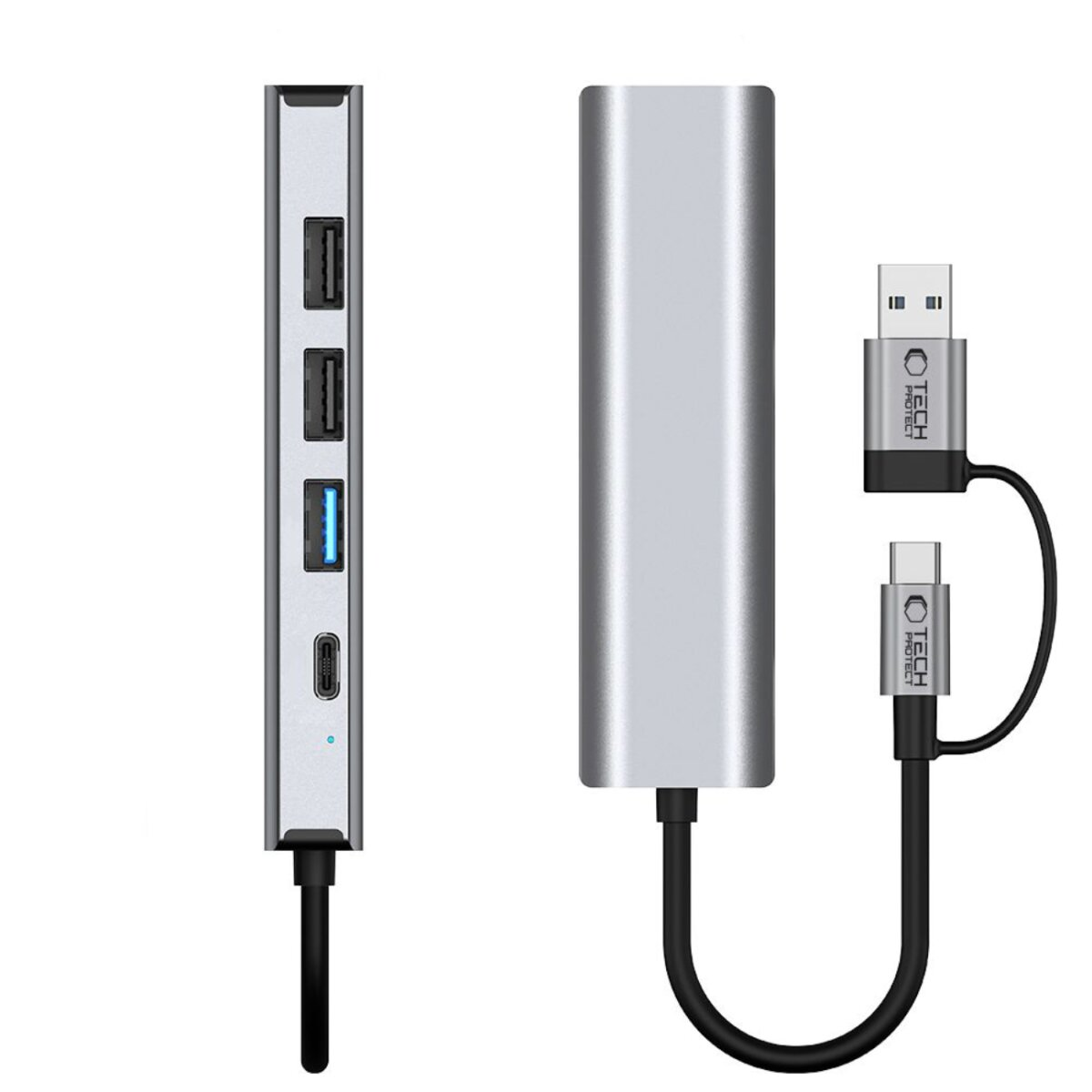 Hub USB-C argento con tre porte USB e una porta USB-C.