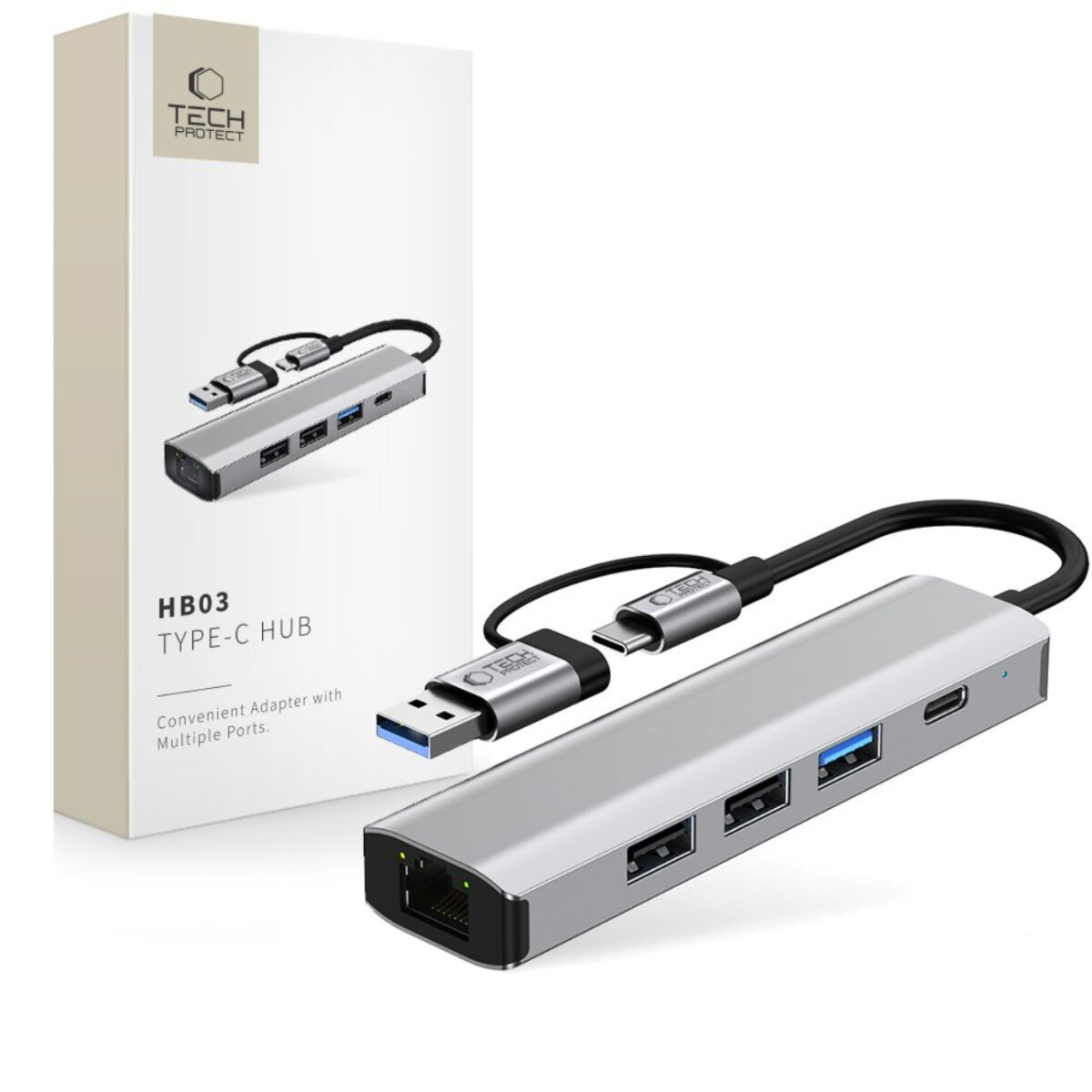 Hub USB-C argento con più porte, Ethernet e cavo.