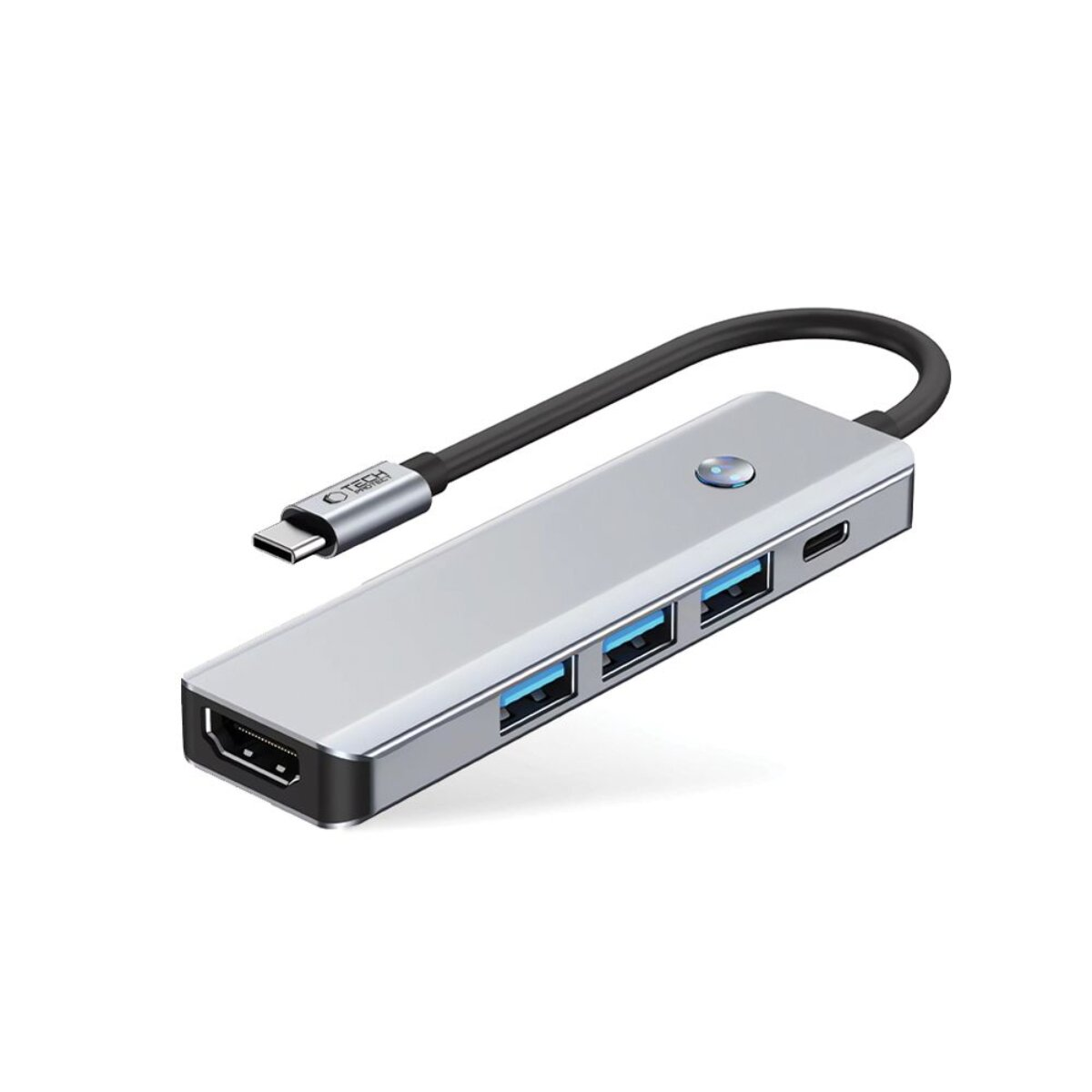 Hub USB-C argentato con porte HDMI, USB-A e USB-C e una luce blu.