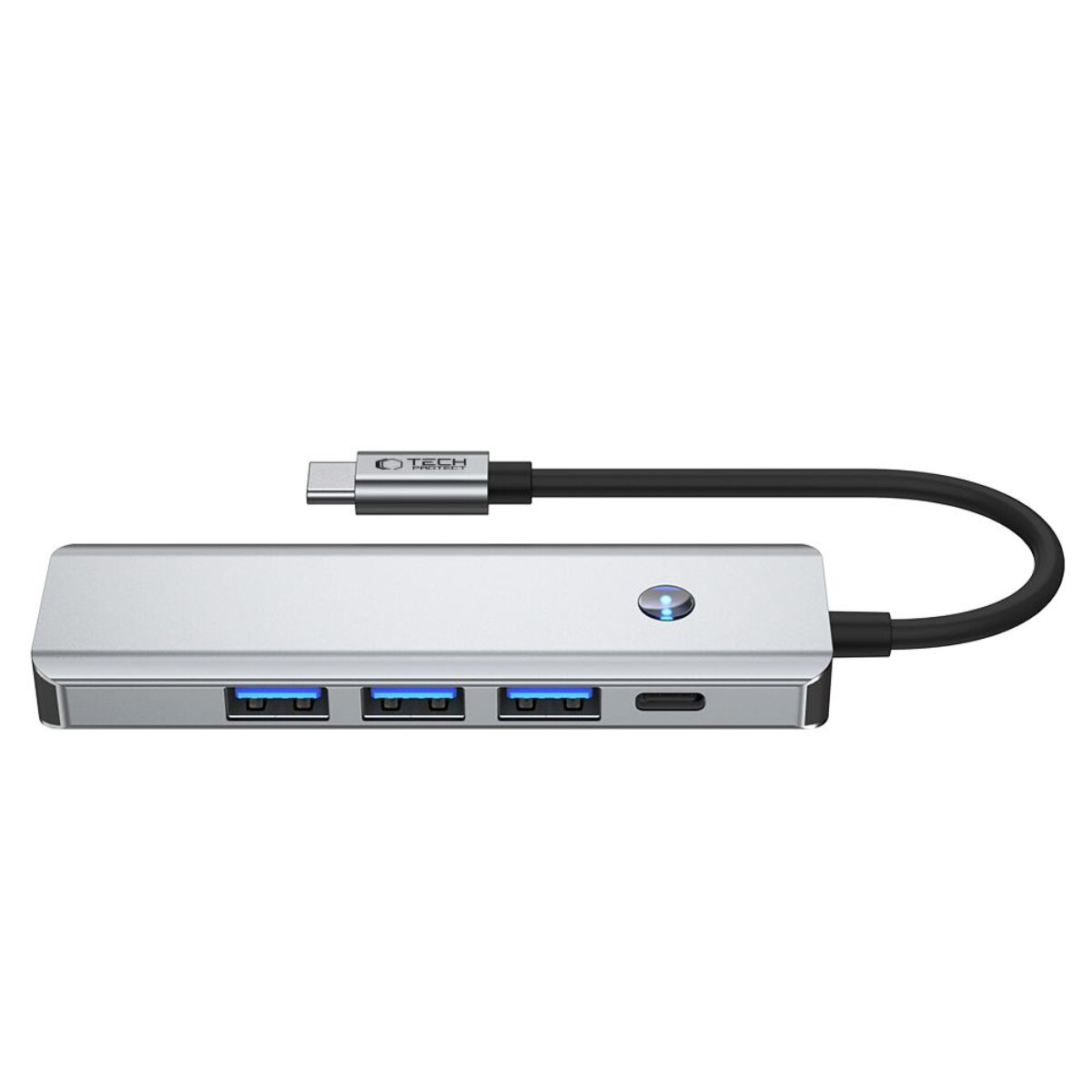 Hub USB-C argentato con quattro porte USB e una luce blu.