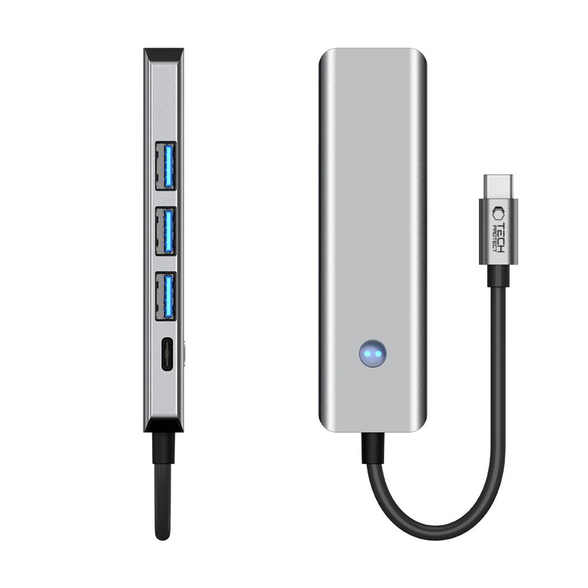 Hub USB-C argentato con tre porte USB e una porta aggiuntiva.