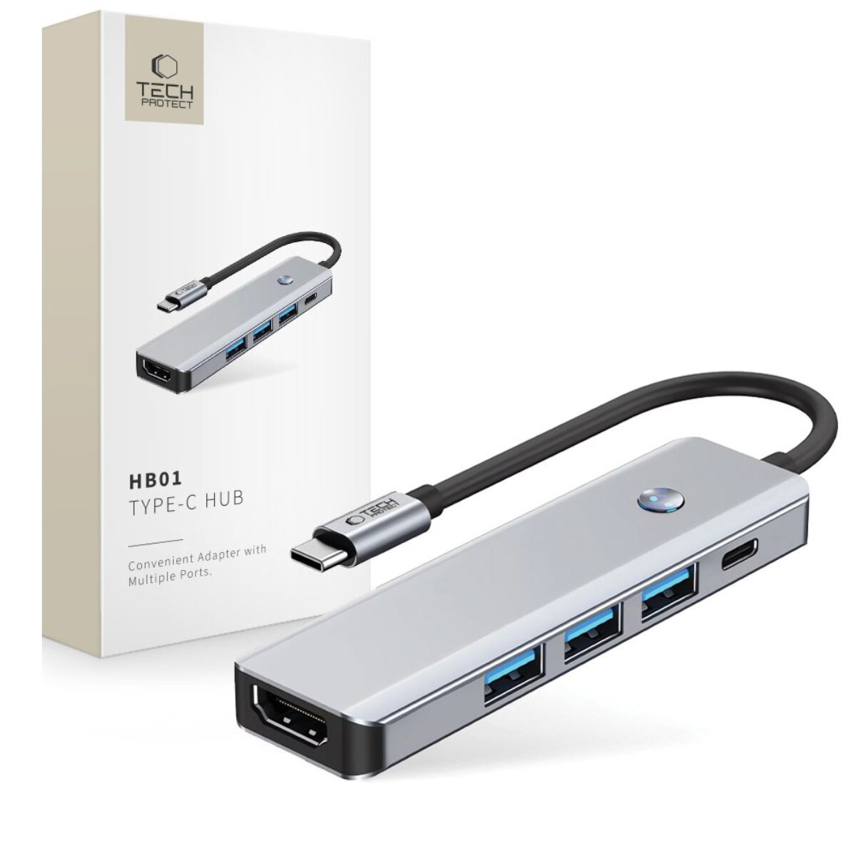 Hub USB-C argentato con porte HDMI, 3x USB-A e 1x USB-C.