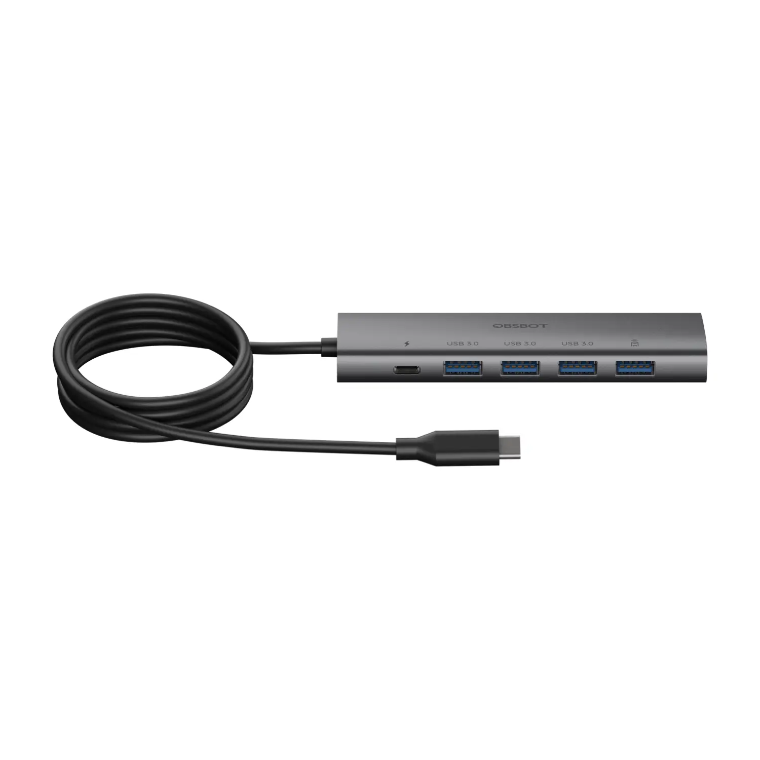 Hub USB-C gris avec quatre ports USB 3.0 et un câble.