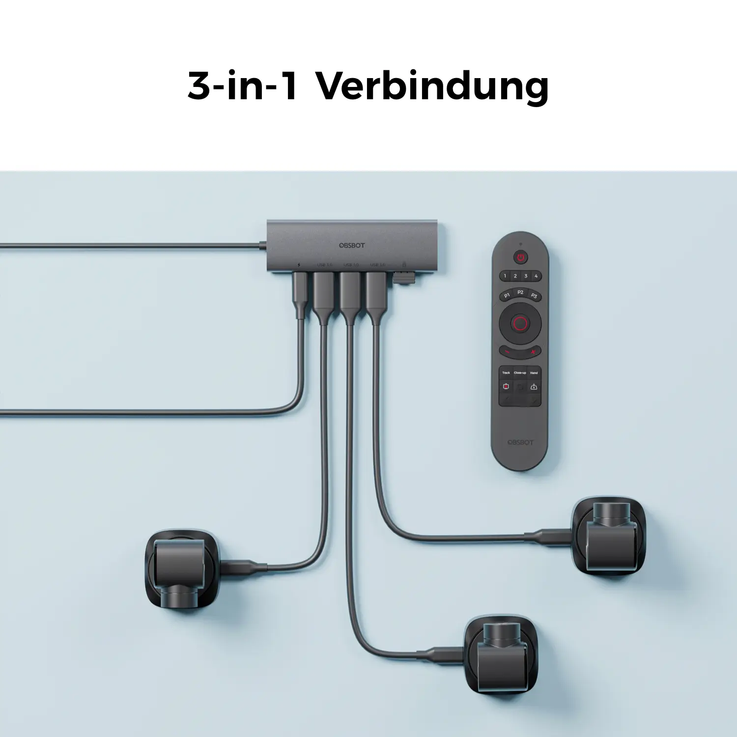 Un hub OBSBOT gris, une télécommande et trois caméras sur fond bleu.