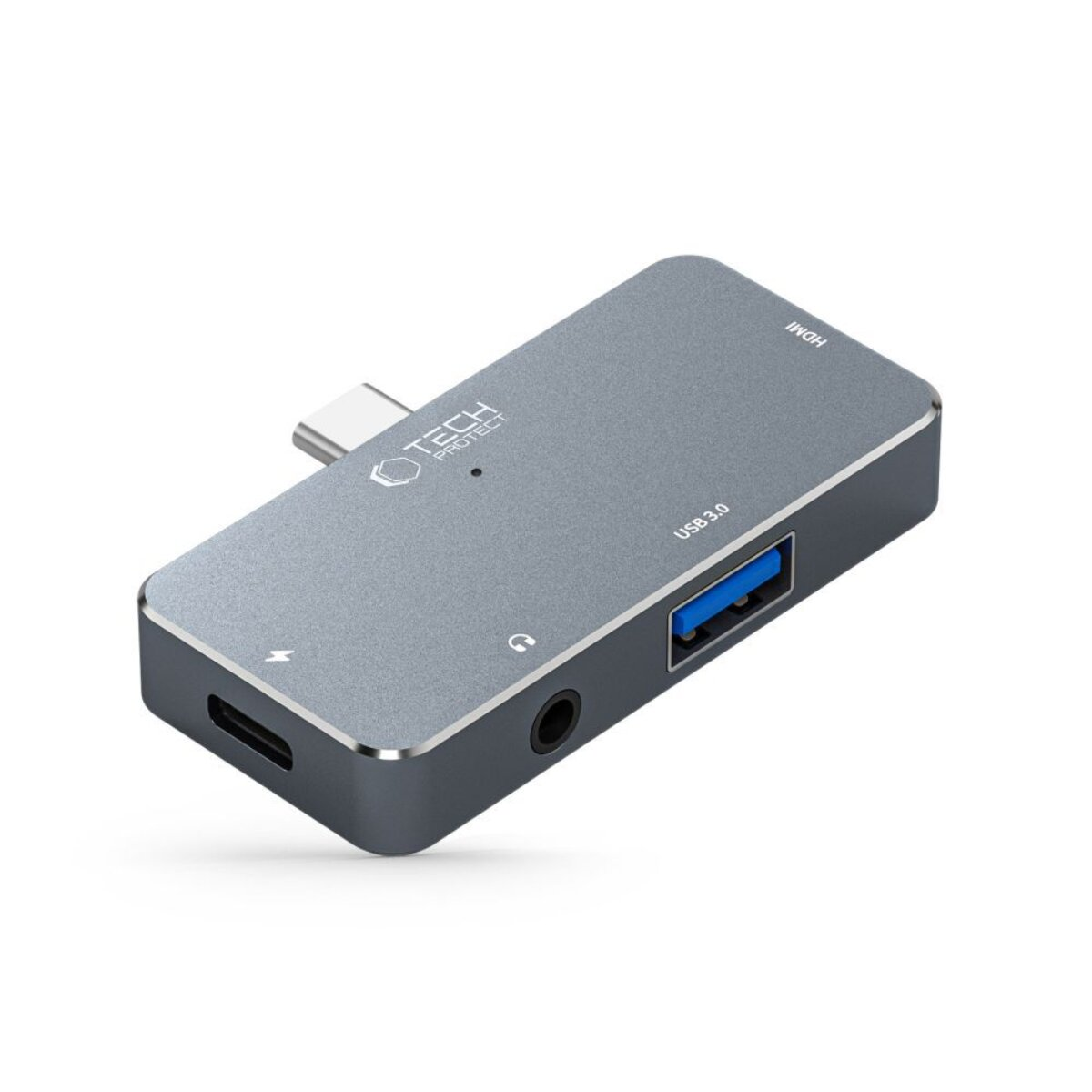 Hub USB-C grigio con porte HDMI, USB 3.0, jack audio e USB-C.