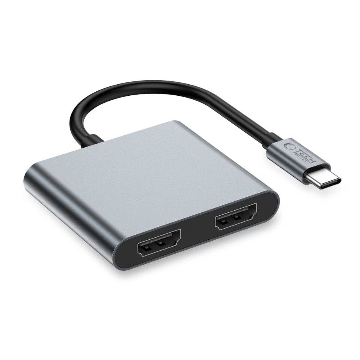 Un adattatore USB-C argentato con due porte HDMI e un cavo.
