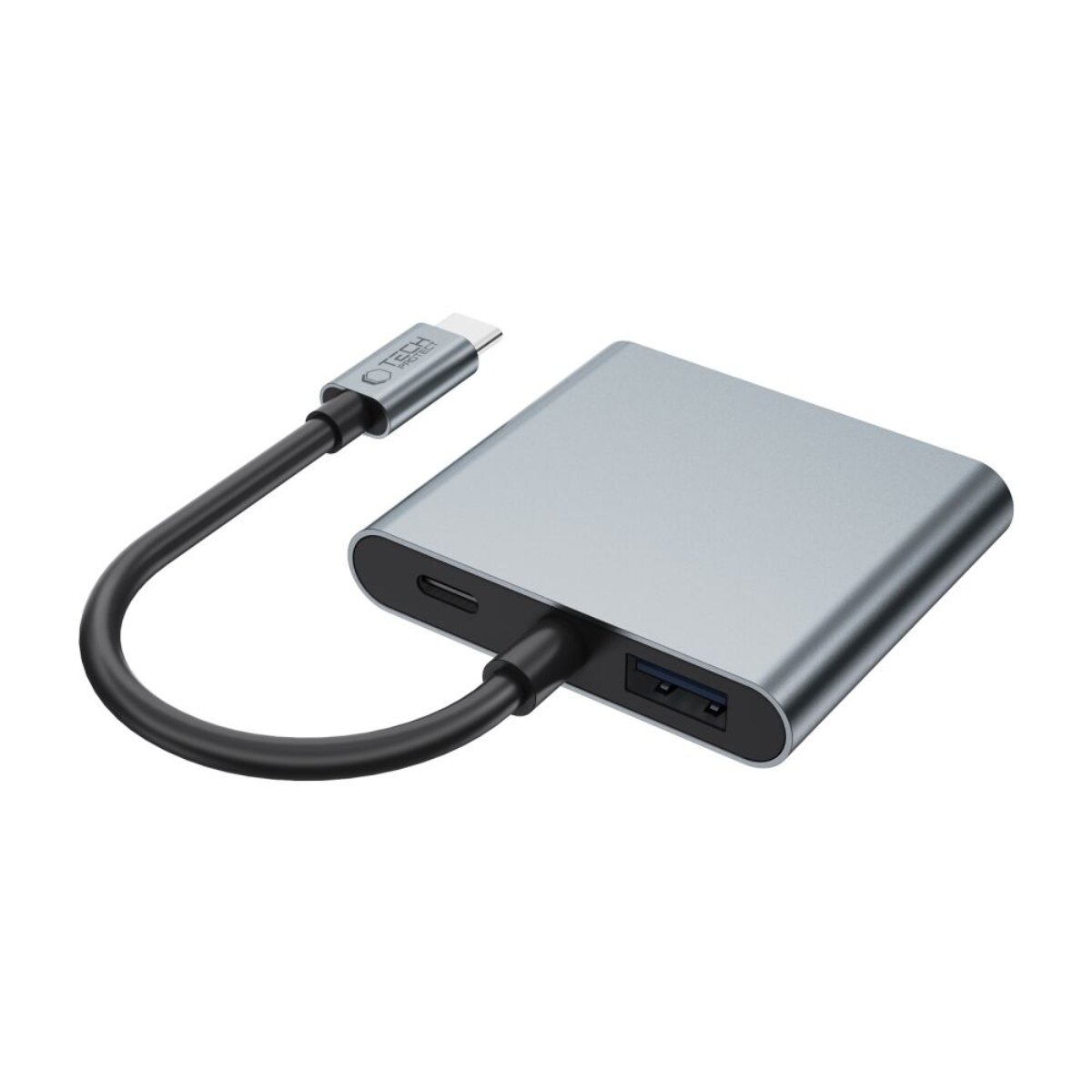 Hub USB-C grigio con cavo nero e porta USB-A.