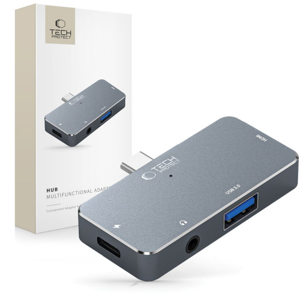 Hub USB-C grigio con HDMI, USB 3.0 e porta audio su confezione.