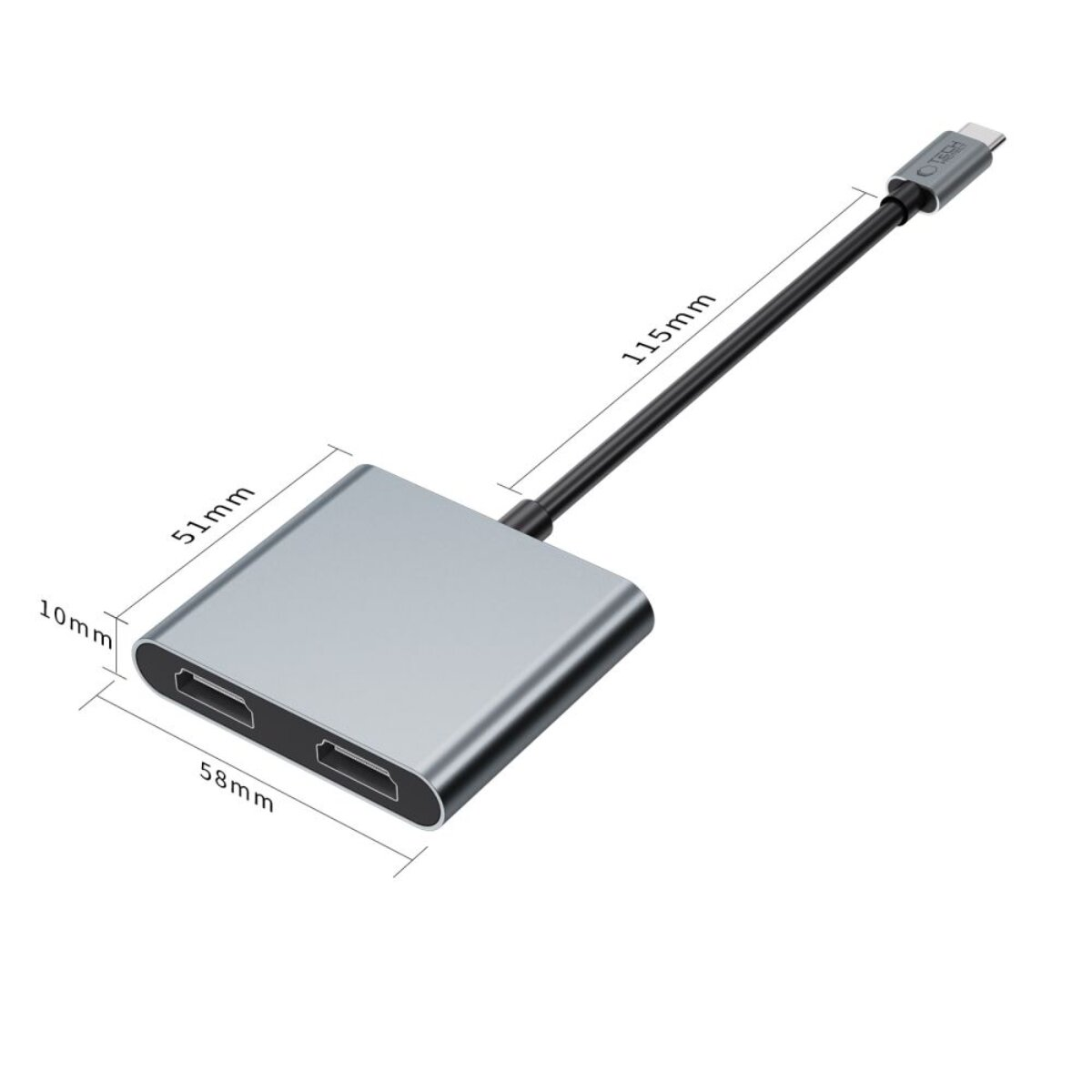 Hub USB-C grigio con due porte HDMI e un connettore USB-C.