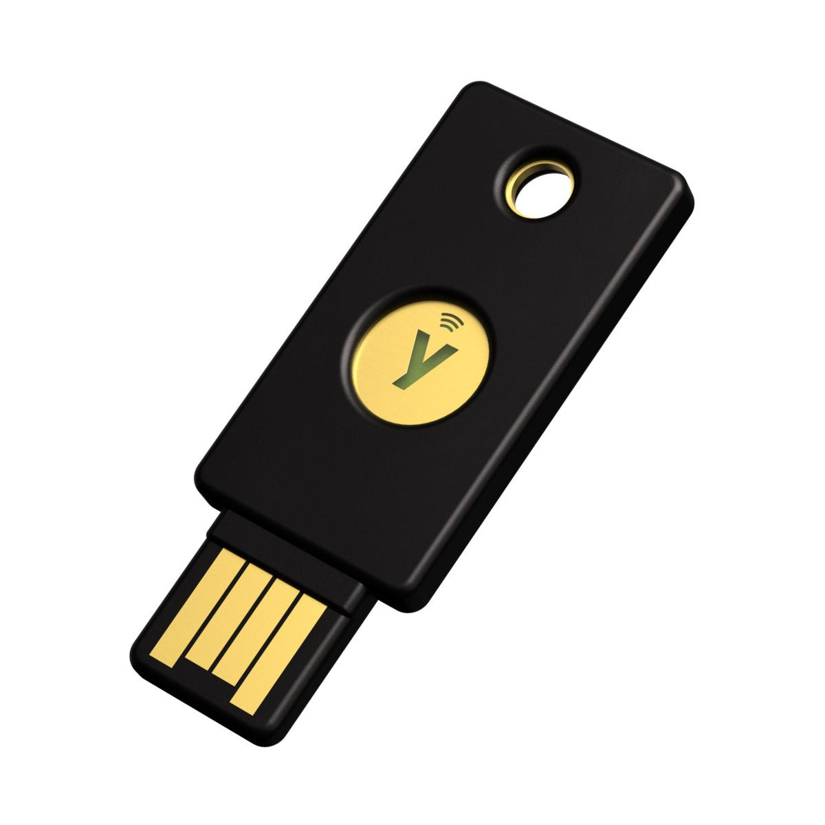 Ein schwarzer USB-Sicherheitsschlüssel mit einem gelben Y-Symbol und WLAN-Wellen.