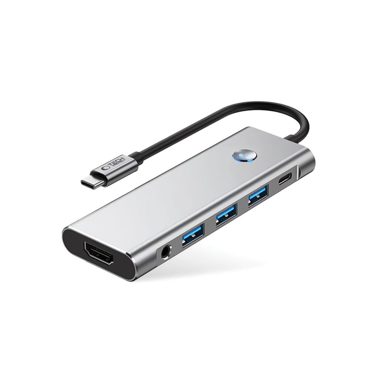 Hub USB-C argento con porte HDMI, USB-A e audio.