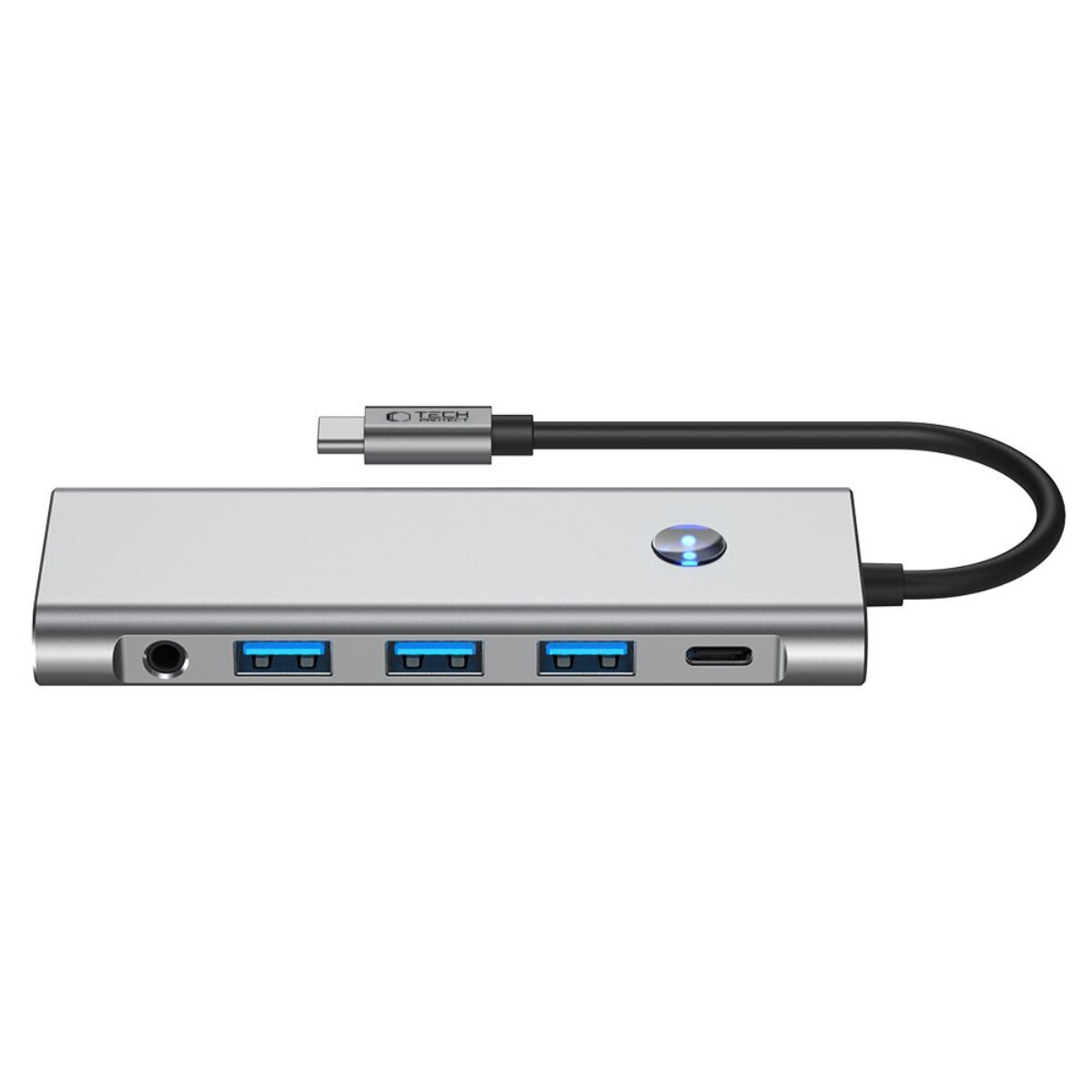 Hub USB-C argento con tre porte USB-A, jack per cuffie e porta USB-C.