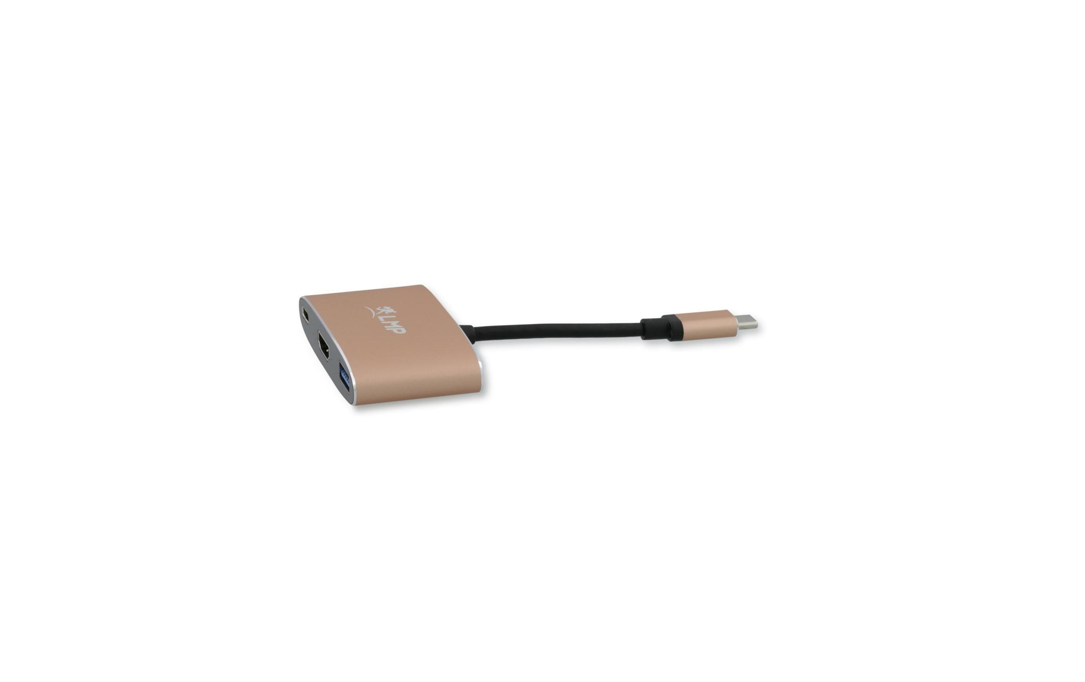 Ein goldener USB-C-Adapter mit HDMI- und USB-A-Anschlüssen.
