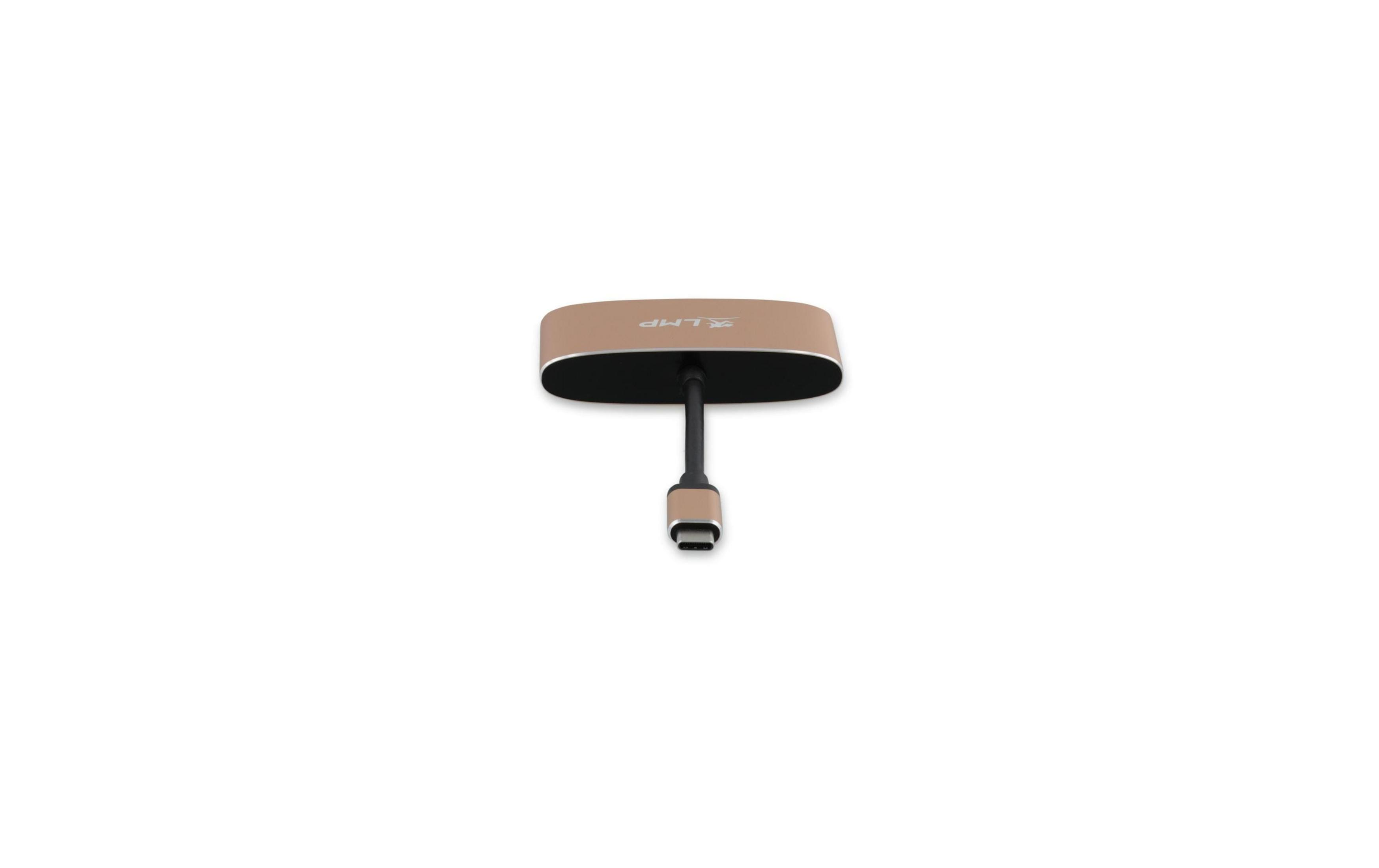 Ein goldener USB-C-Adapter mit LMP-Logo und einem Kabel.
