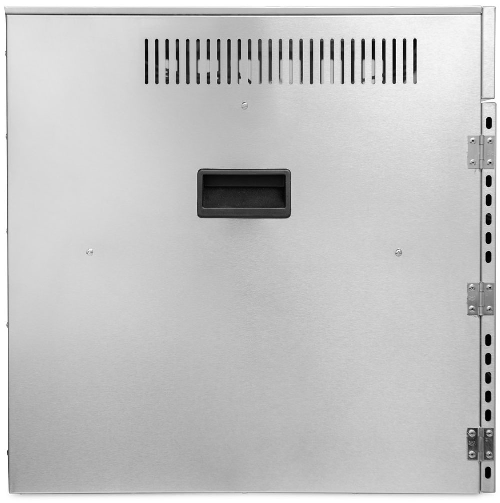 Havalandırma delikleri, kulp ve menteşeleri olan gümüş metal arka panel.