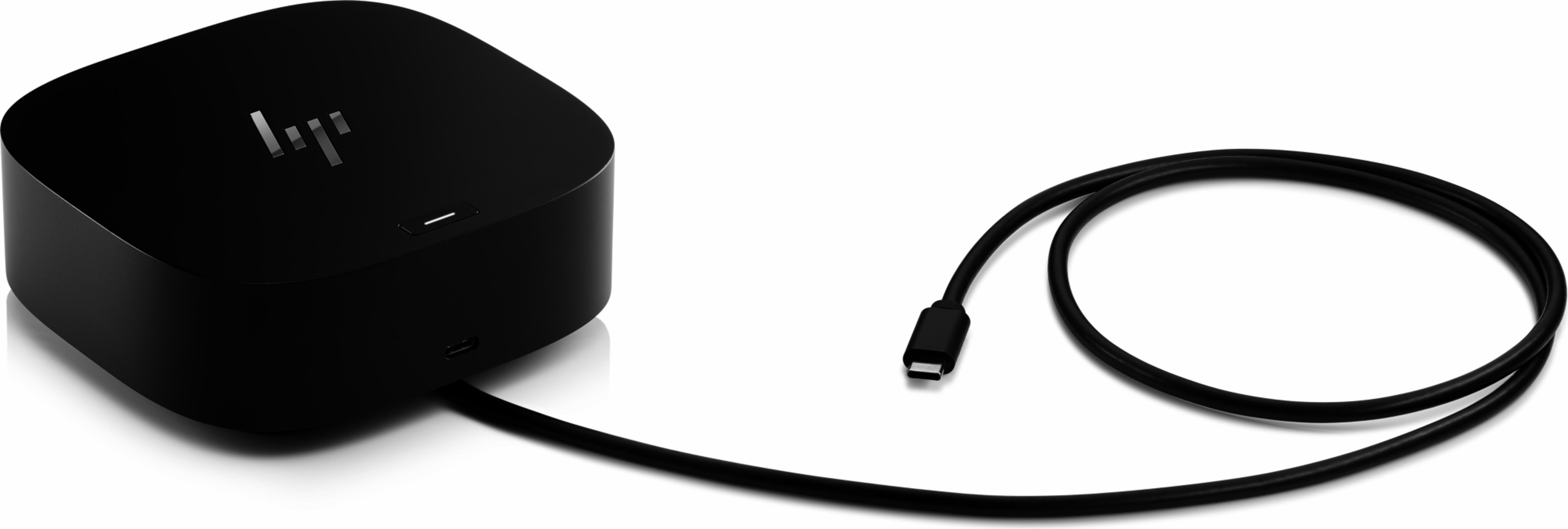 Schwarzer HP Docking-Würfel mit USB-C-Kabel auf weißem Hintergrund.